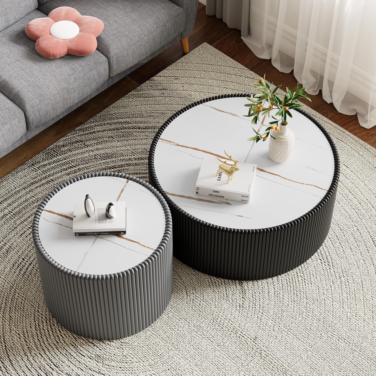 Round Coffee Table Set with Sintered Stone Tabletop, 29.52' Black Drum Center Table and 17.71' Grey Coffee Table Set, 2 Pieces Living Room Table Set with Fluted PU Leather Cover& Stable Base
