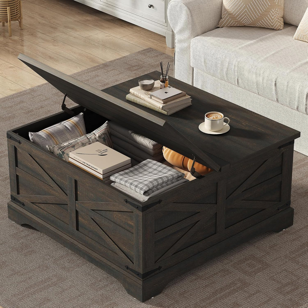 Furnideco 35.5''W Square Coffee Table Farmhouse Lift top Coffee Table with Large Hidden Storage, Wood Center Table for Living Room, Home Office, Dark Brown