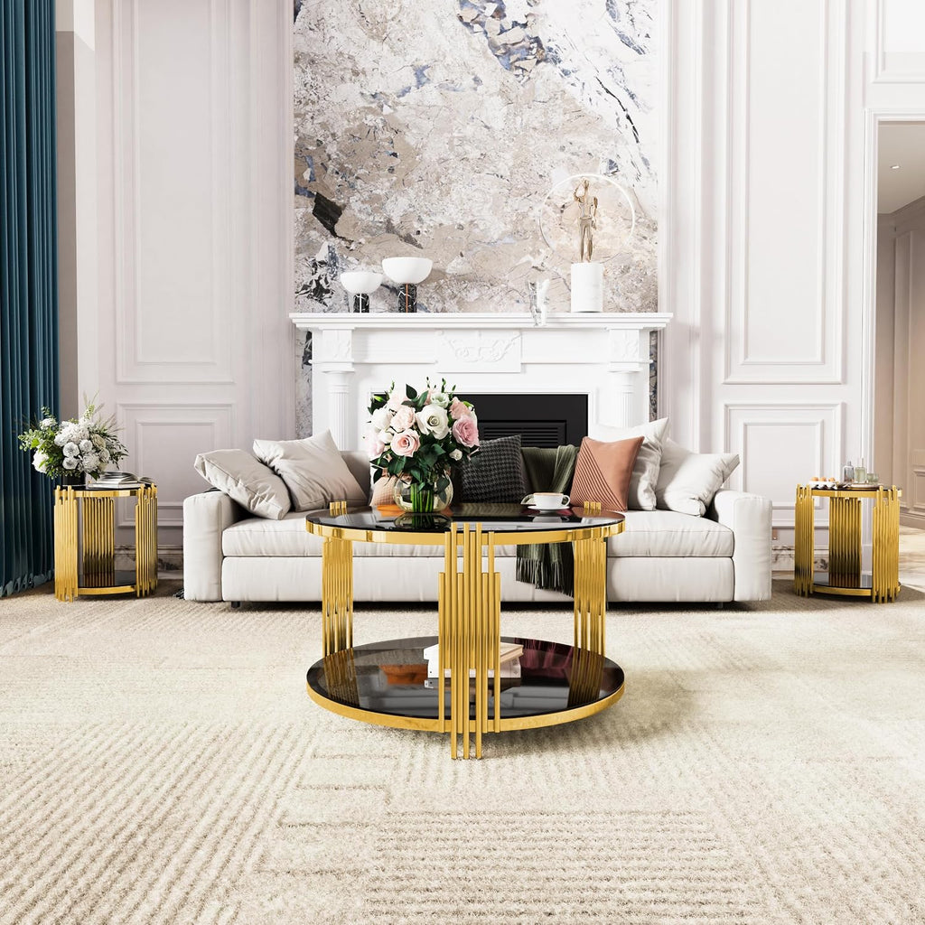 Merax Round Table Set of 3, with 1 Coffee Table & 2 End Tables, Black Mirror, Asymmetrical Metal, Gold Finish & Lower Shelf, for Living Room Apartment, Black