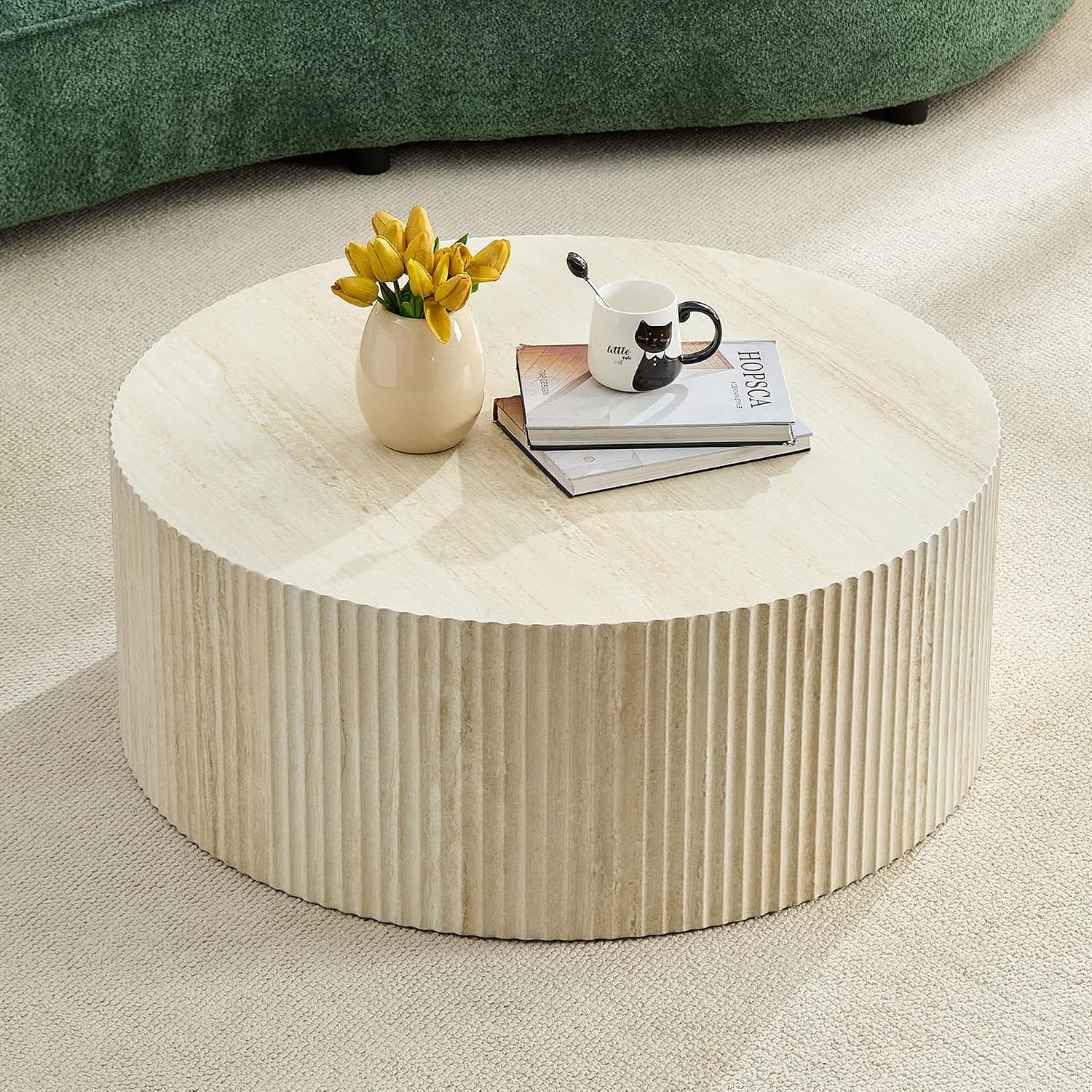 JUSTONE Round Coffee Tables for Living Room,Modern 35.43'' Fiberglass Cream Style Coffee Table for Small Space,Apartment,Balcony,Matte White