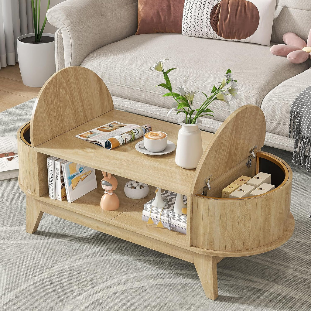 Coffee Table with 2 Hidden Storage,Mid Century Modern Coffee Table with Fluted Finish,Wood Center Tables Oval Coffee Tables with Flip-Top Lids for Living Room Home Office (Oak)