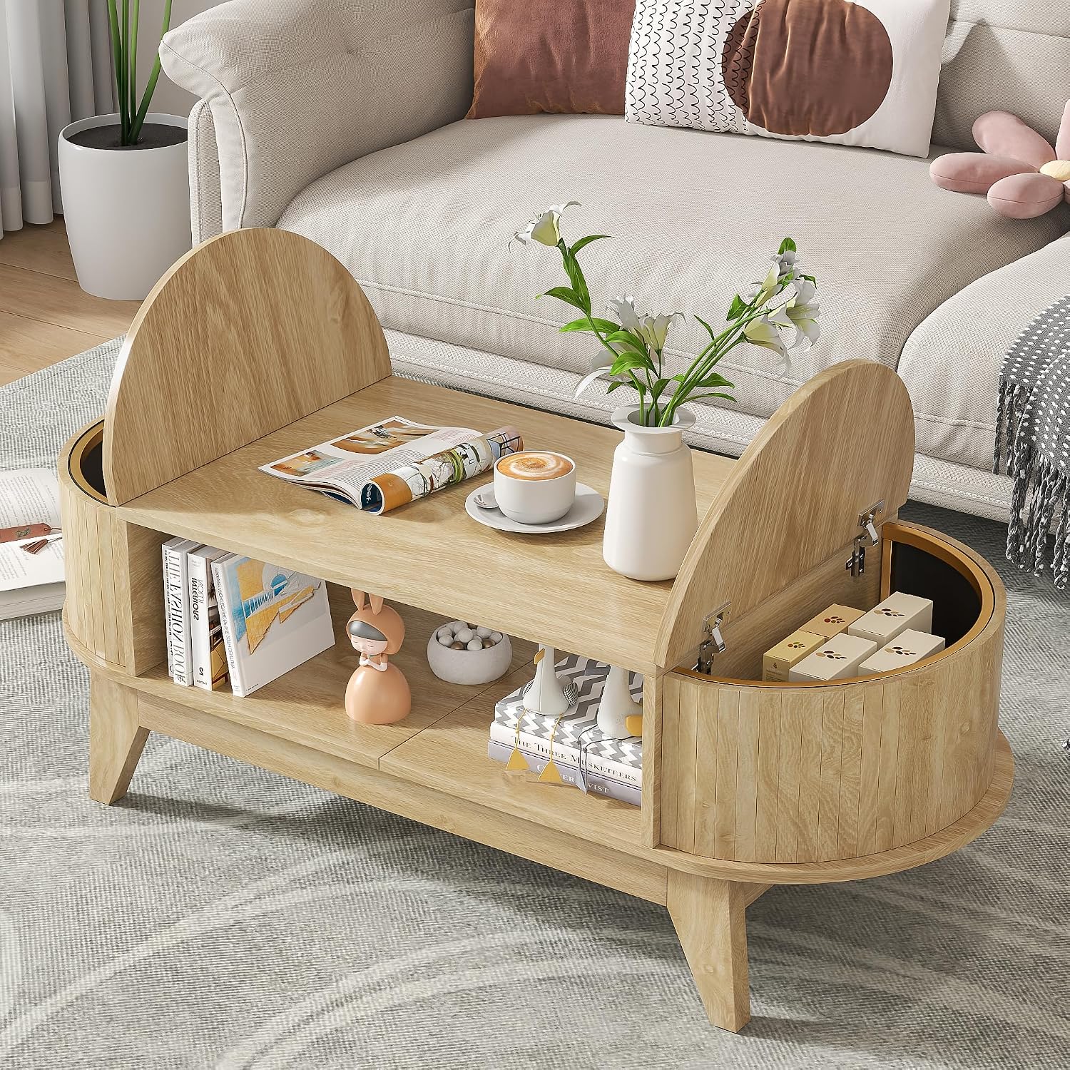 Coffee Table with 2 Hidden Storage,Mid Century Modern Coffee Table with Fluted Finish,Wood Center Tables Oval Coffee Tables with Flip-Top Lids for Living Room Home Office (Oak)