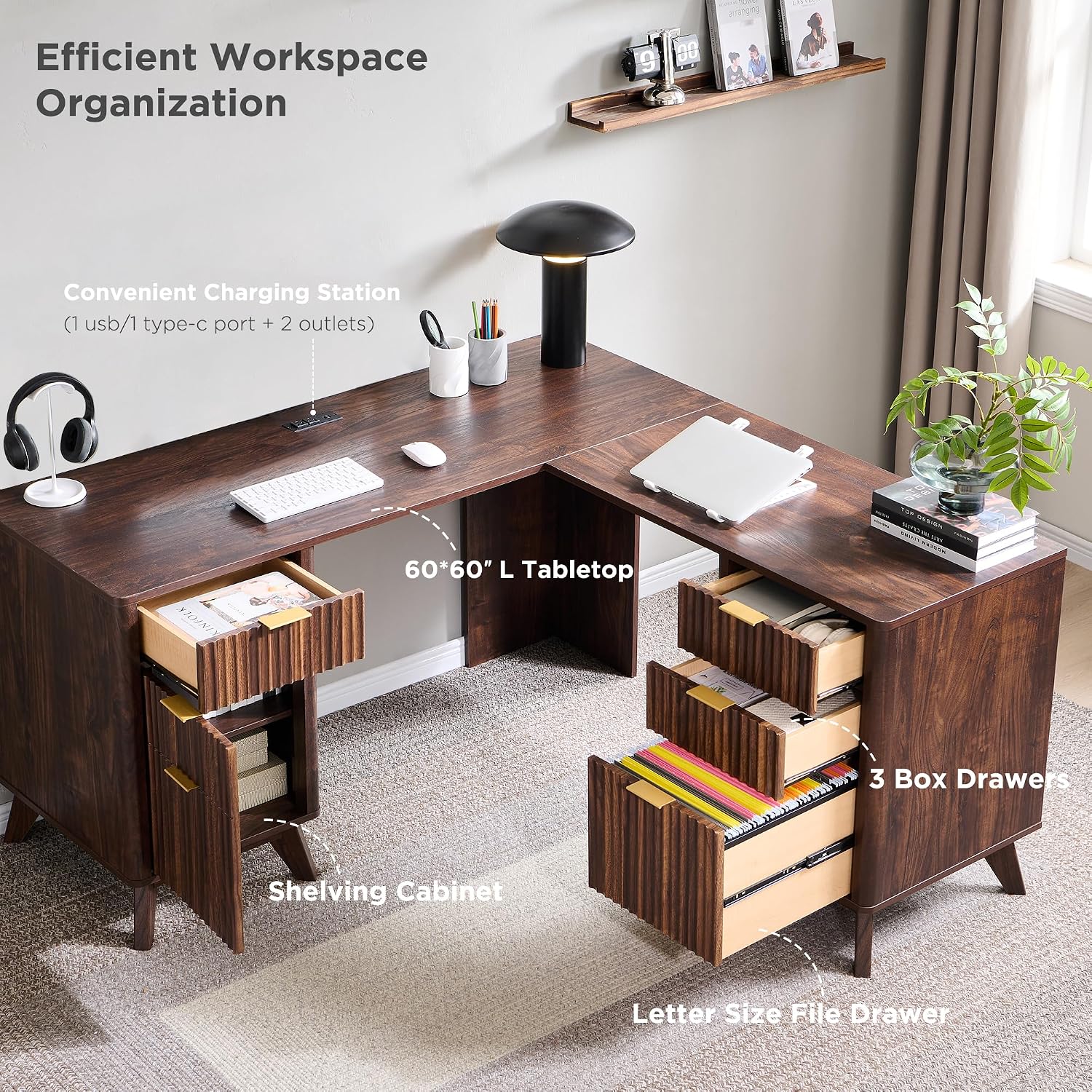 T4TREAM 60'' Fluted Executive L Shaped Desk, Modern Home Office Desk with Charging Station and File Drawer, Computer Corner Desks with Drawers & Storage Cabinet for Office Home, Bedroom, Dark Walnut