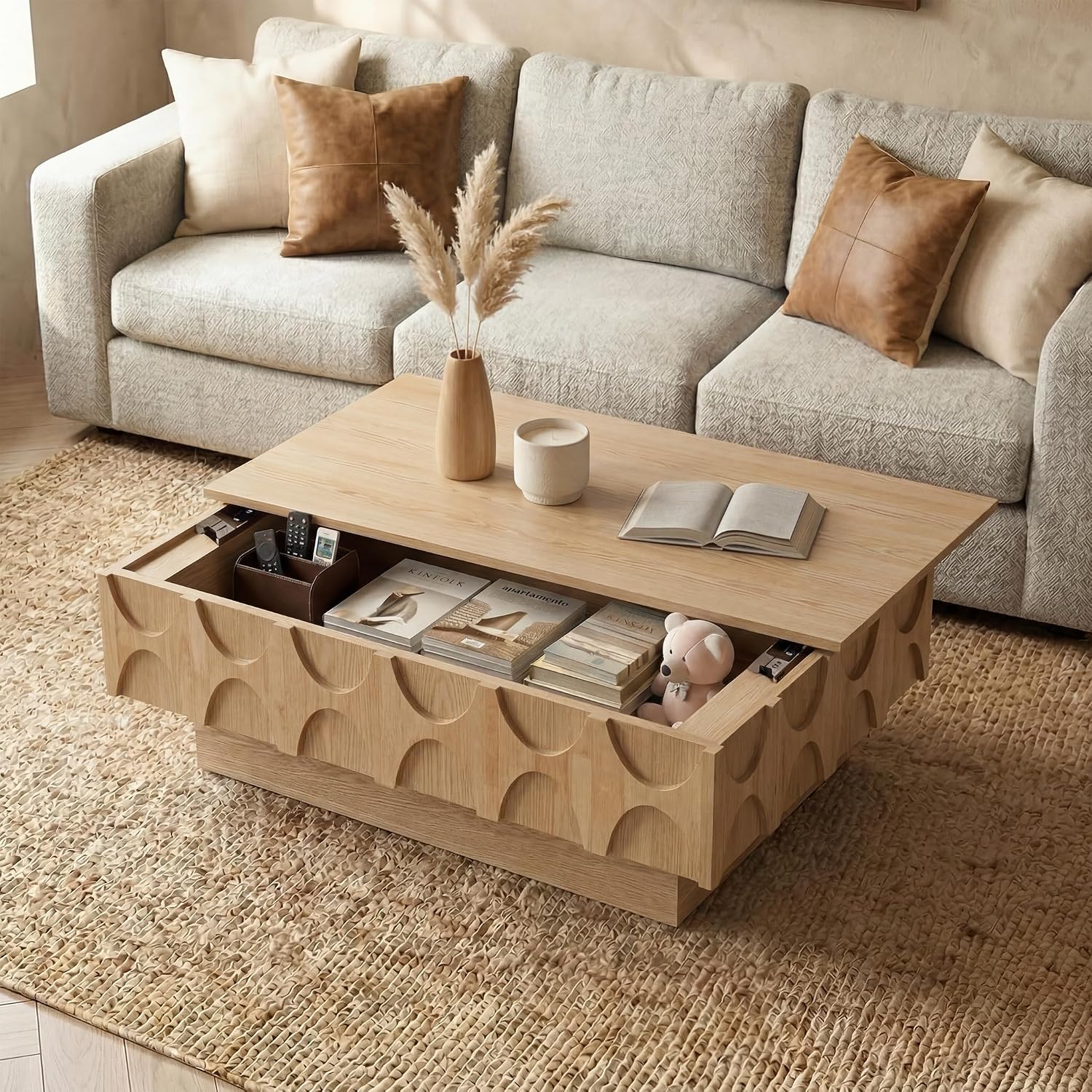 Solid Wood Veneer Coffee Table with Storage & Sliding Top, 38.6' Modern Mid Century Rectangle Center Table for Living Room, Home Office, Natural