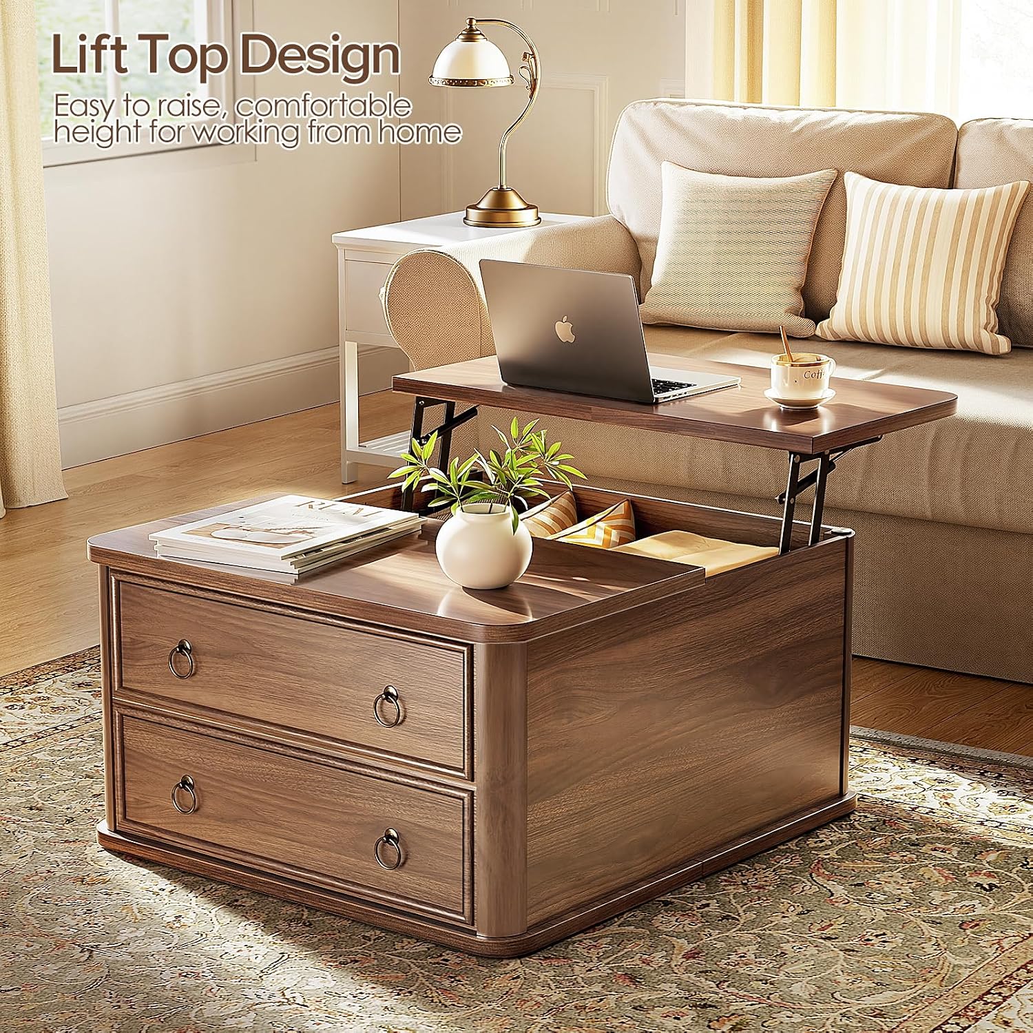 Memobarco 31.5' Lift Top Coffee Table with Storage,Square Coffee Tables with Lifting top for Living Room,Farmhouse Coffee Table with Large Drawers and 2 Hidden Compartment,Walnut