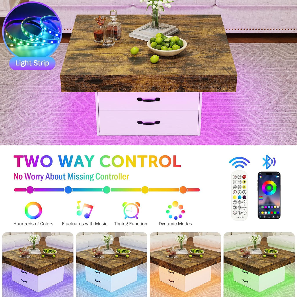 Square Coffee Table with LED Lights, 35.4' Coffee Tables for Living Room, Engineered Wood Modern Center Table with 2 Drawers for Home, Office (White)
