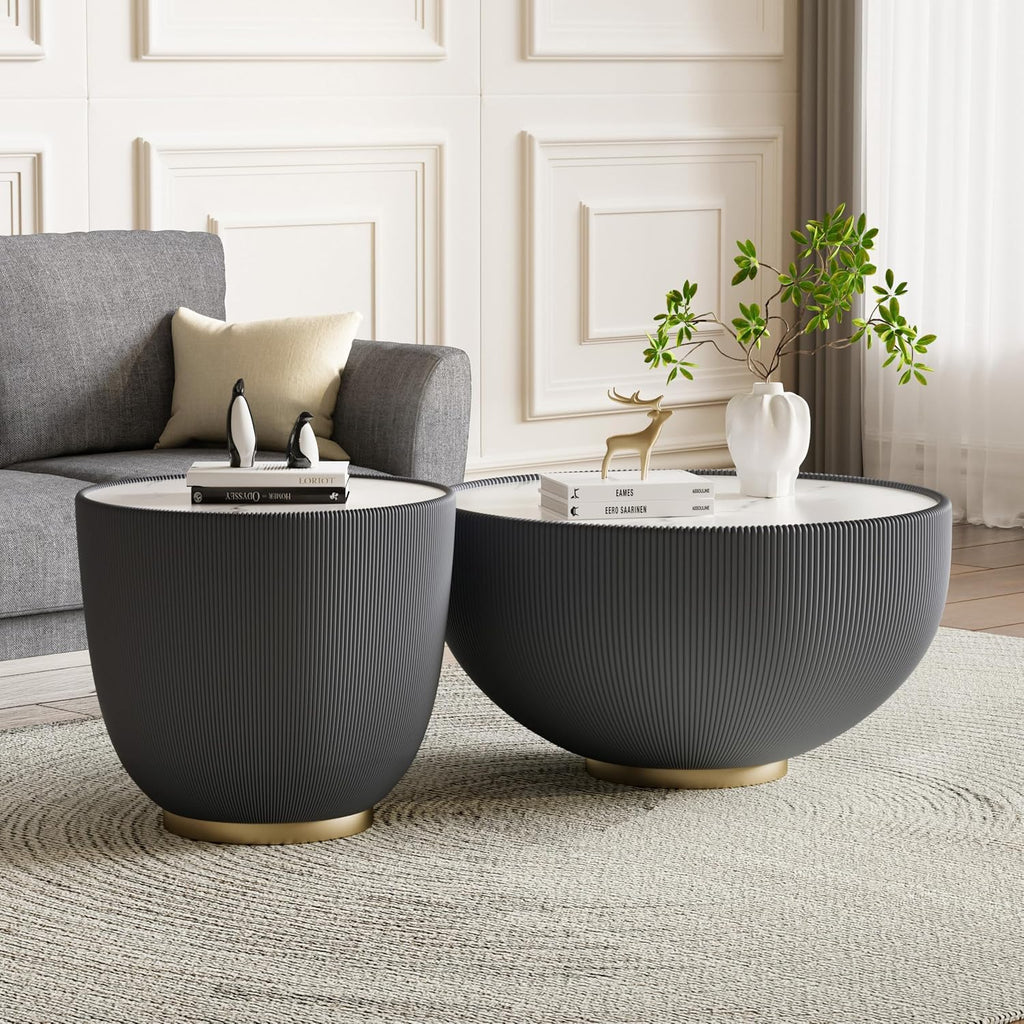 Round Coffee Table Set with Sintered Stone Tabletop, 27.56' Grey Drum Center Table and 19.69' Grey Coffee Table Set, 2 Pieces Living Room Table Set with Fluted PU Leather Cover& Metal Base