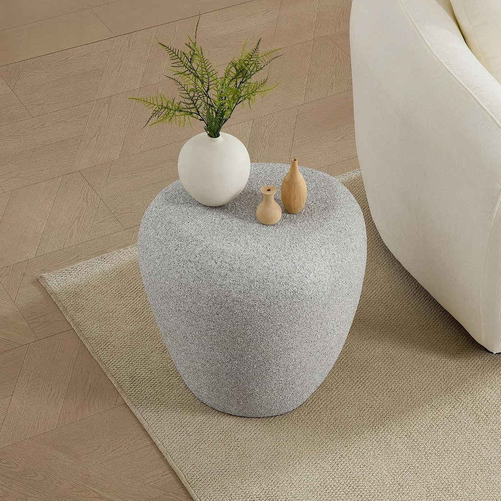 WILLIAMSPACE 19.29' End Table Travertine Side Table with Grainy Matte Rocks Pattern, Modern Circle Faux Stone Fiberglass Small Coffee Sofa Table, No Need Assembly (Beige)