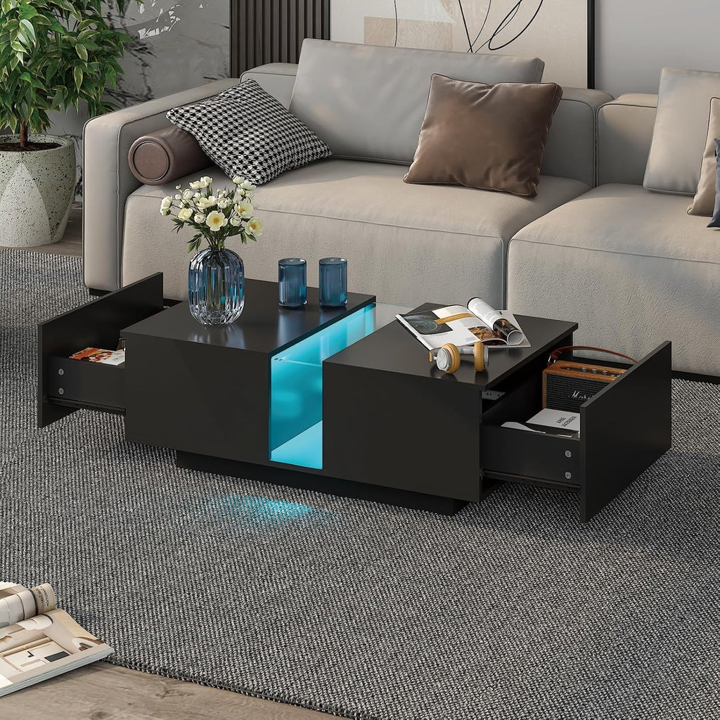 HedoAjim Black Led Coffee Table for Living Room, Rectangular Living Room Table with Storage, Acrylic Coffee Tables with 2 Sliding Drawers, Wood Center Table for Reception Dinning Room