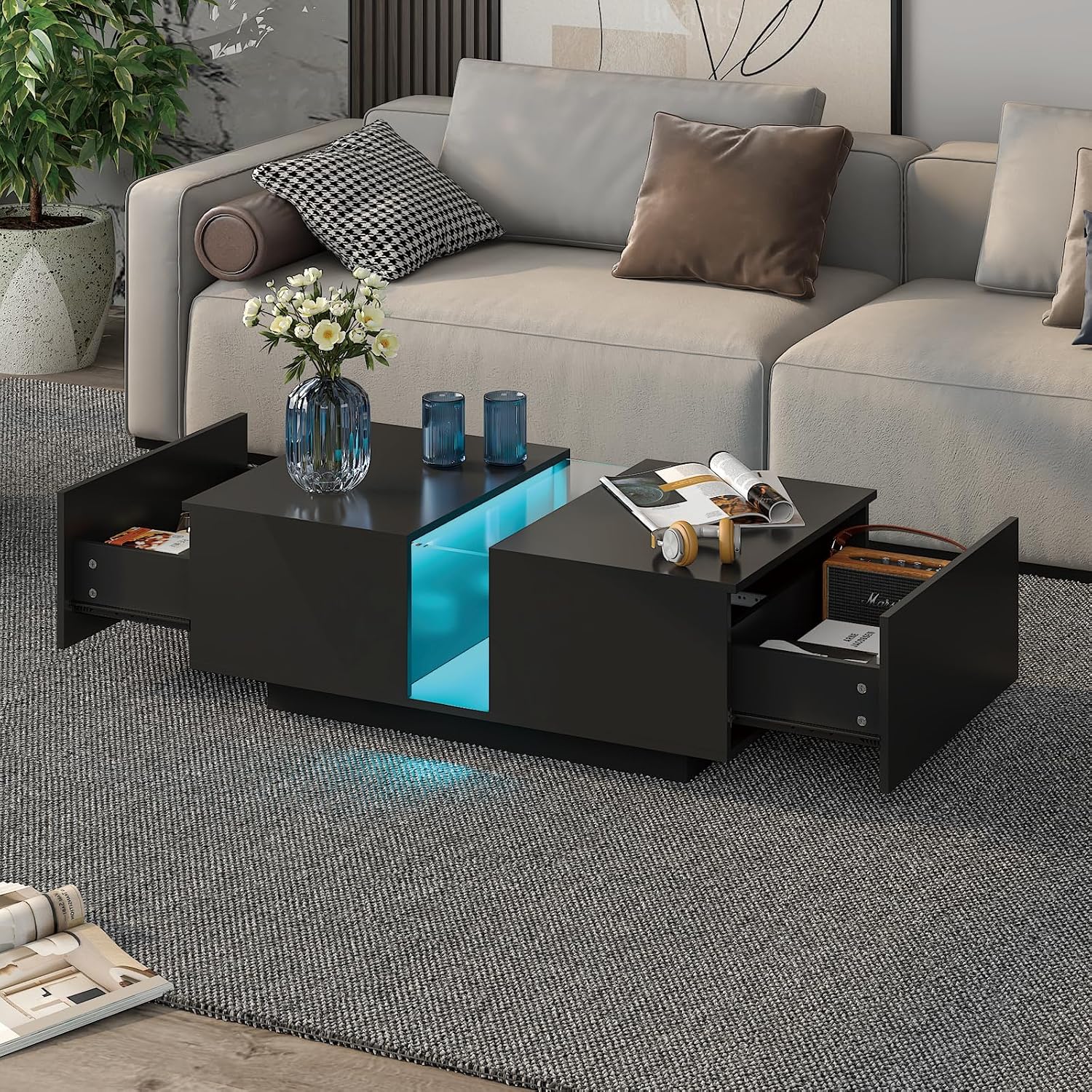 HedoAjim Black Led Coffee Table for Living Room, Rectangular Living Room Table with Storage, Acrylic Coffee Tables with 2 Sliding Drawers, Wood Center Table for Reception Dinning Room