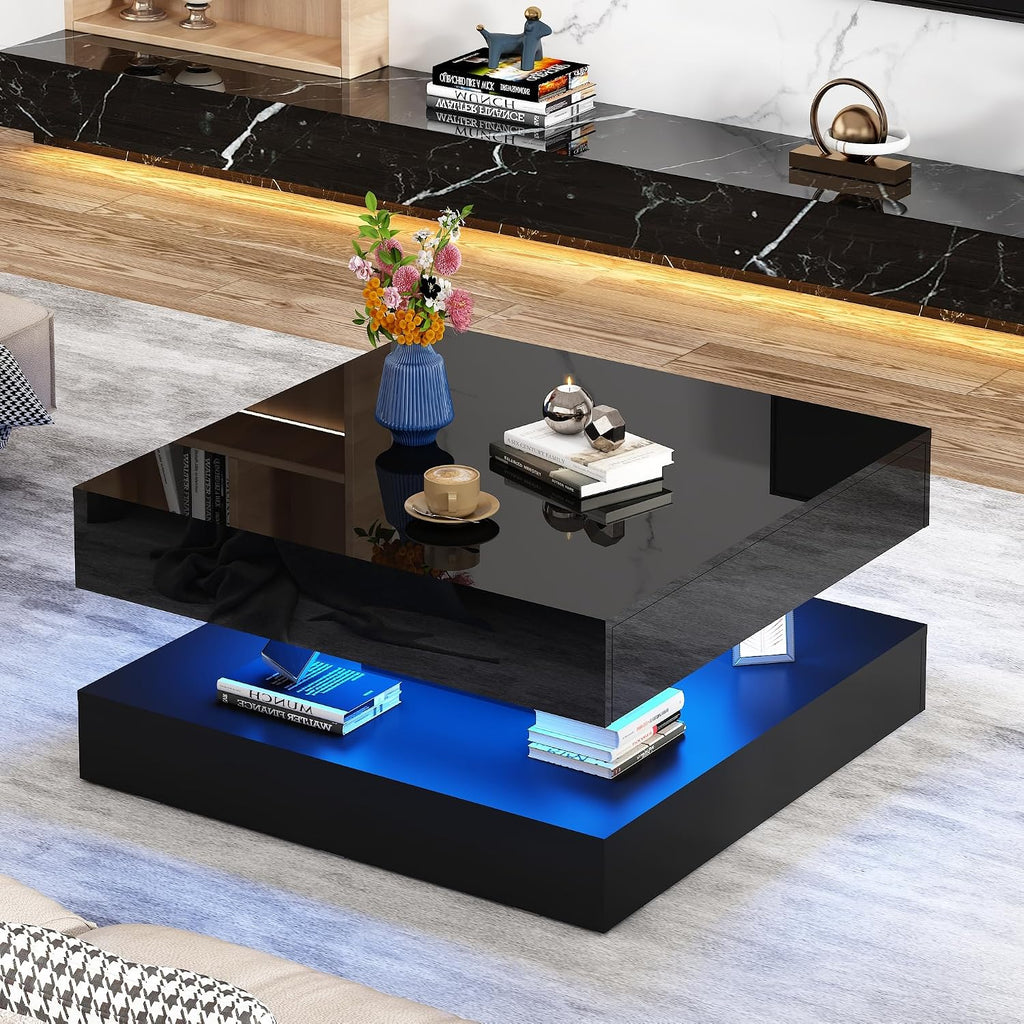 jiteentarou 33.9' LED Coffee Table with Storage, Modern High Glossy Living Room Table w/2 Drawers,Double-Layer Design Large Square Center Table for Living Room, Home, Office, Black