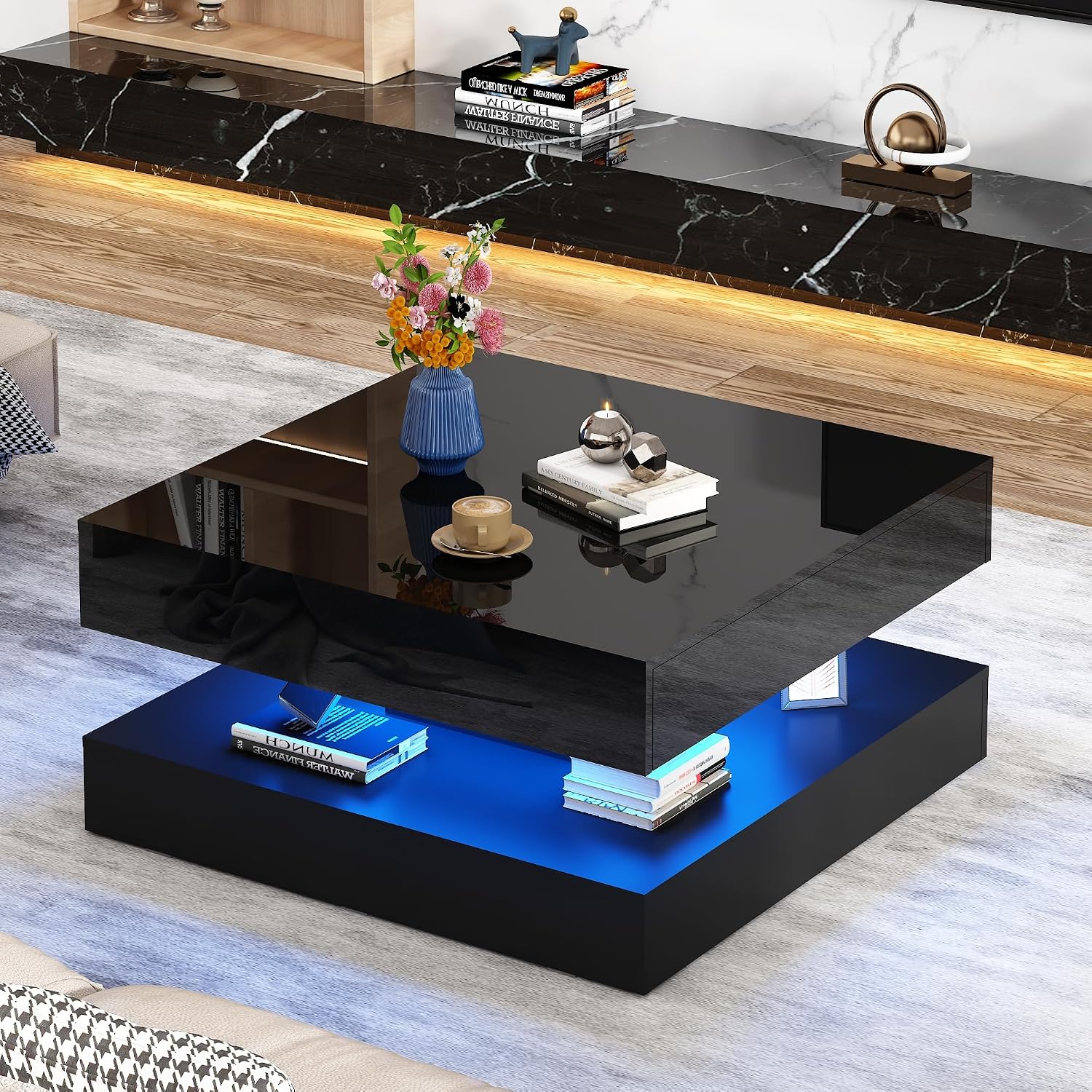 jiteentarou 33.9' LED Coffee Table with Storage, Modern High Glossy Living Room Table w/2 Drawers,Double-Layer Design Large Square Center Table for Living Room, Home, Office, Black
