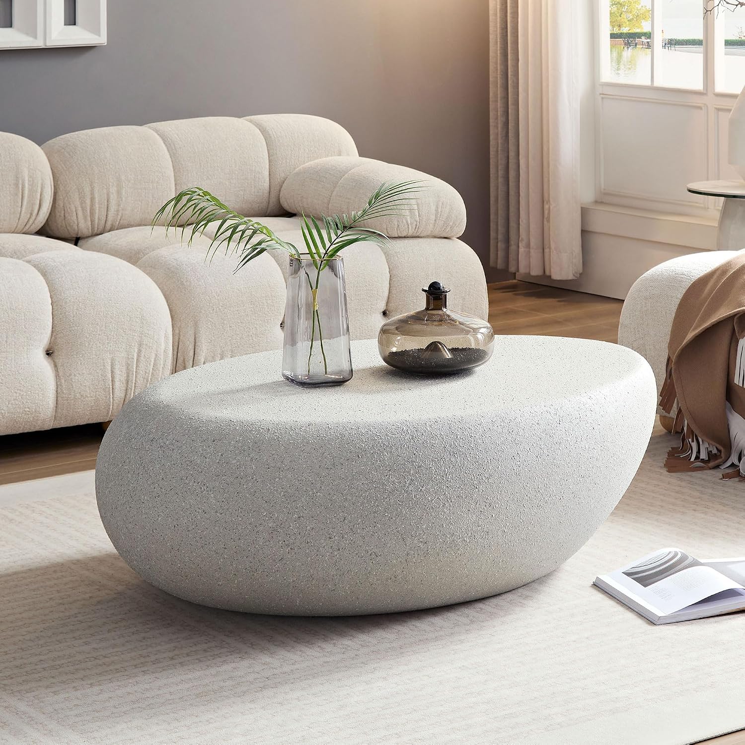 WILLIAMSPACE Faux Stone Coffee Table Set of 2 with Grainy Rocks for Living Room, Modern Irregular Oval Curved Center Table Set, Accent Travertine Drum Fiberglass Tea Table, No Assembly (Beige)