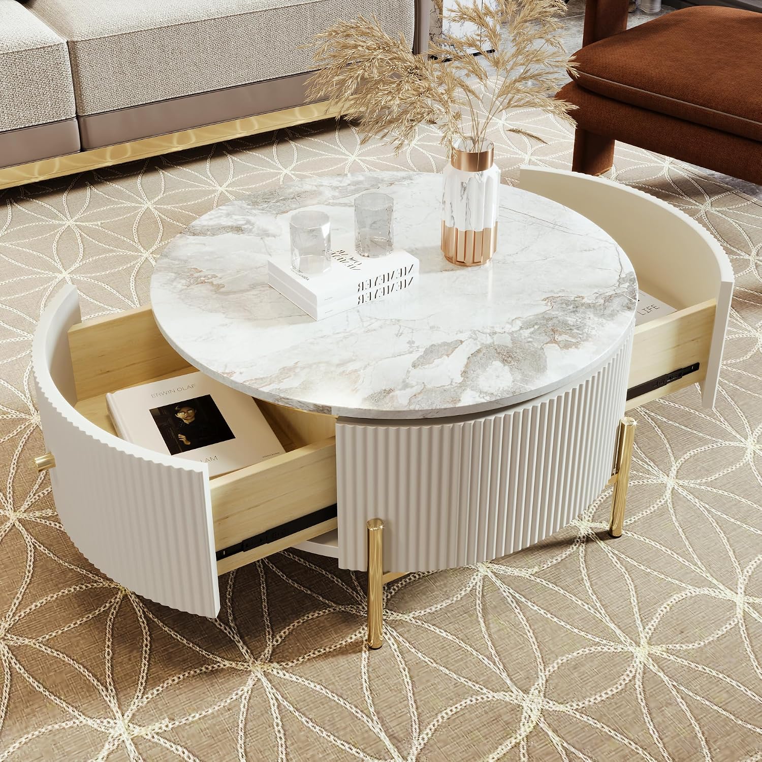 JUSTONE Modern Round White & Gold Coffee Table with Drawers,Drum Coffee Table with Golden Legs Circular Center Table with Marble Pattern Top for Living Room Apartment Office-White