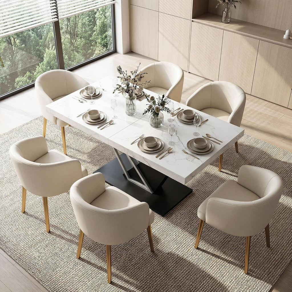 COSIEST 59'' to 78.7'' Extendable Dining Table for 4-8, Faux Marble Expandable Kitchen Table with Sturdy Metal Base, Rectangle Dinner Table for Small Space, Dining Room, Living Room, White