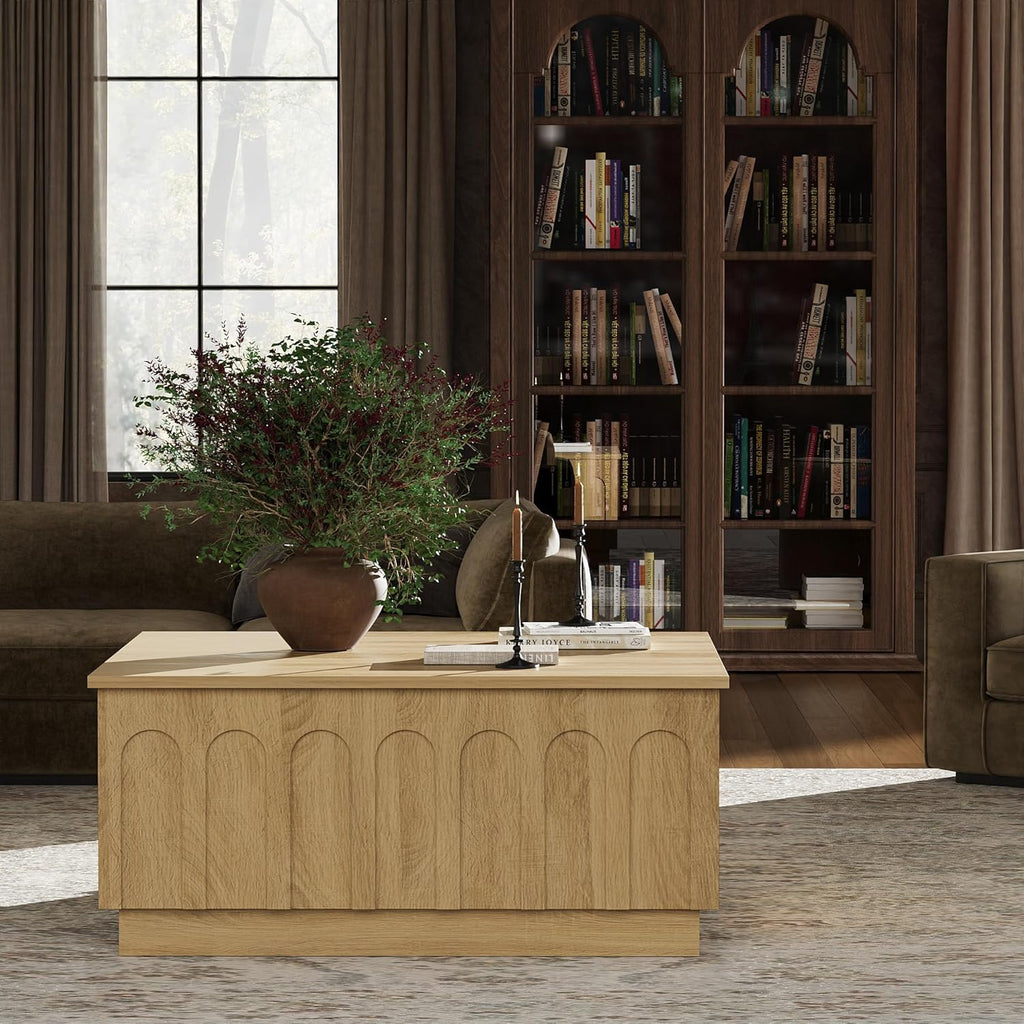 FORTUNETEC Lift Top Coffee Table with Storage, Modern Coffee Table with Arched Design, 31.5' Square Tea Table with Wood Grain, Boho Multifunctional Center Table for Living Room, Office, Oak