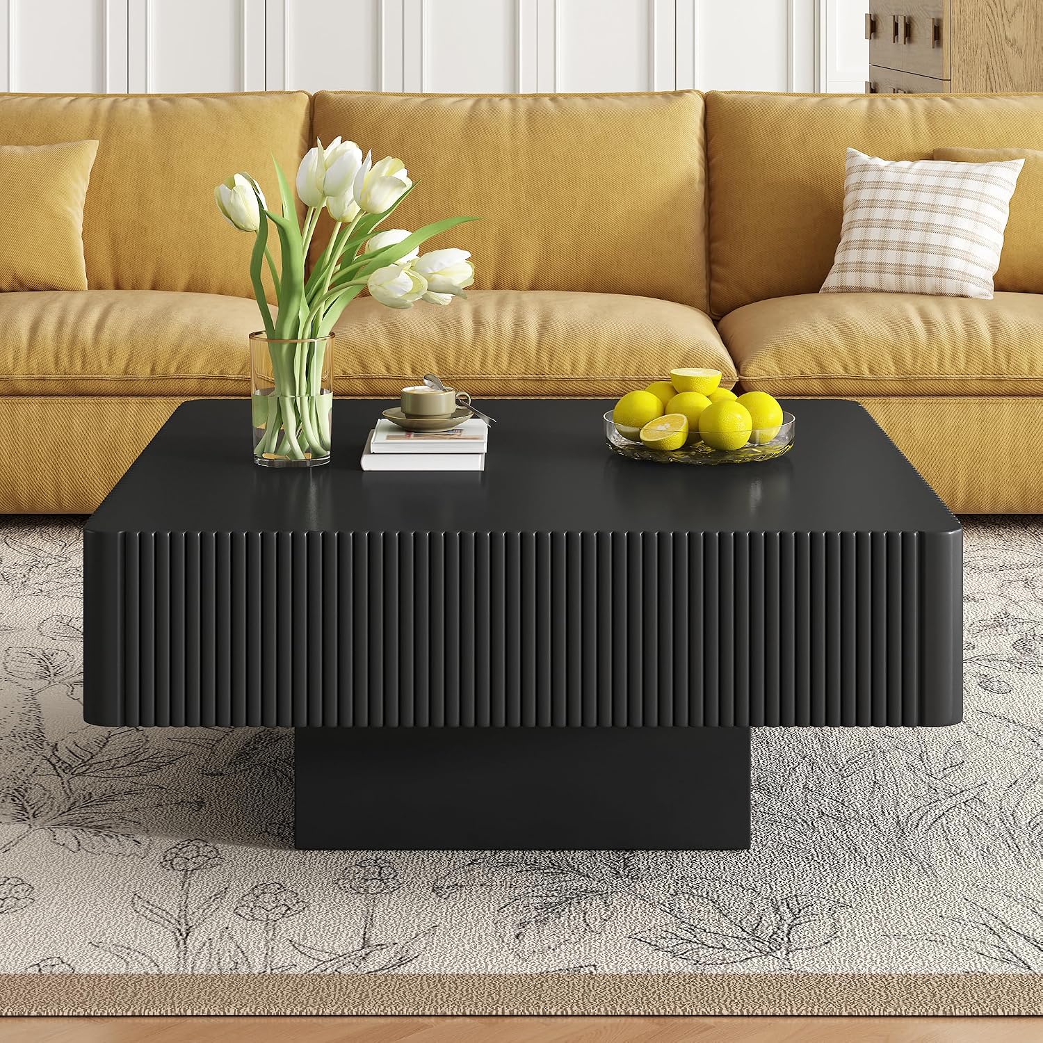 Merax Modern 31.6' W Square Coffee Table with Sturdy Base, Wood Center Tables for Living Room Reception Room, Easy Assemble, Black