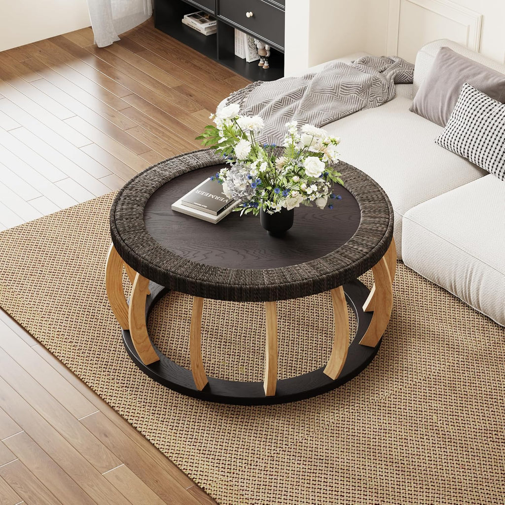 JIJIWANG 35.43' Rattan Round Coffee Table with Solid Wood Top, Vintage Accent Table with Curved Legs, Boho Side Tables for Dining Room, Kitchen, Living Room, Black Brown