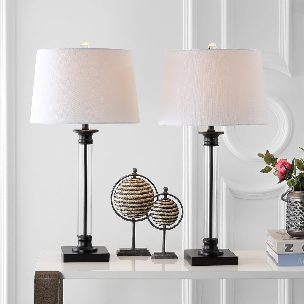 JONATHAN Y 30' Black/Clear Glass and Metal Column Table Lamp Set of 2 for Living Room Bedroom, Traditional Iron Base with White Linen Drum Shade, LED Bulbs Included JYL1008A-SET2