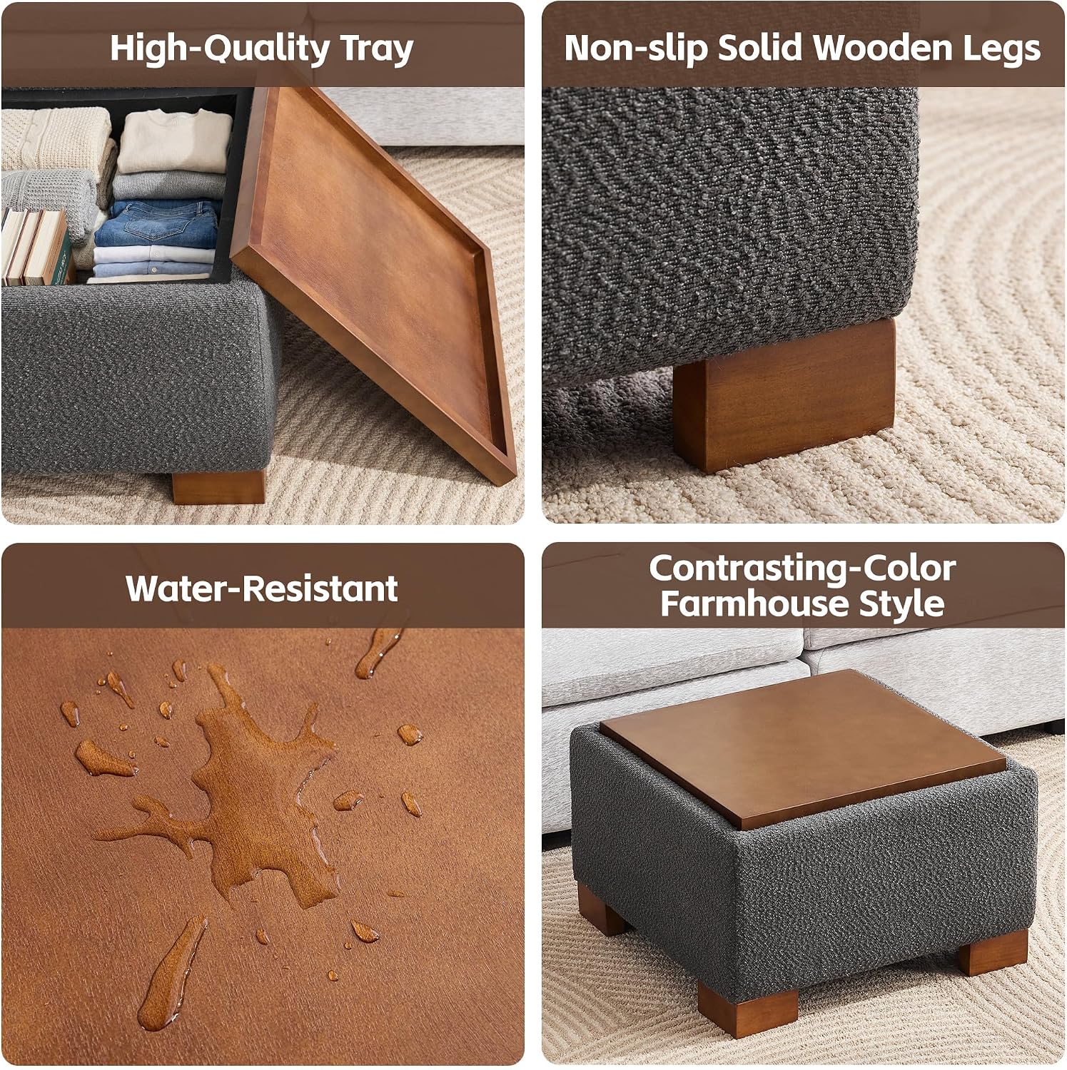 WUTUTUEE 24' Square Ottoman Coffee Table with Storage, Boucle Ottomans with Tray and Solid Wood Legs for Living Room, Bedroom and Apartments, Small Modern Ottoman Tea Table with Lift-Off Lid, Grey