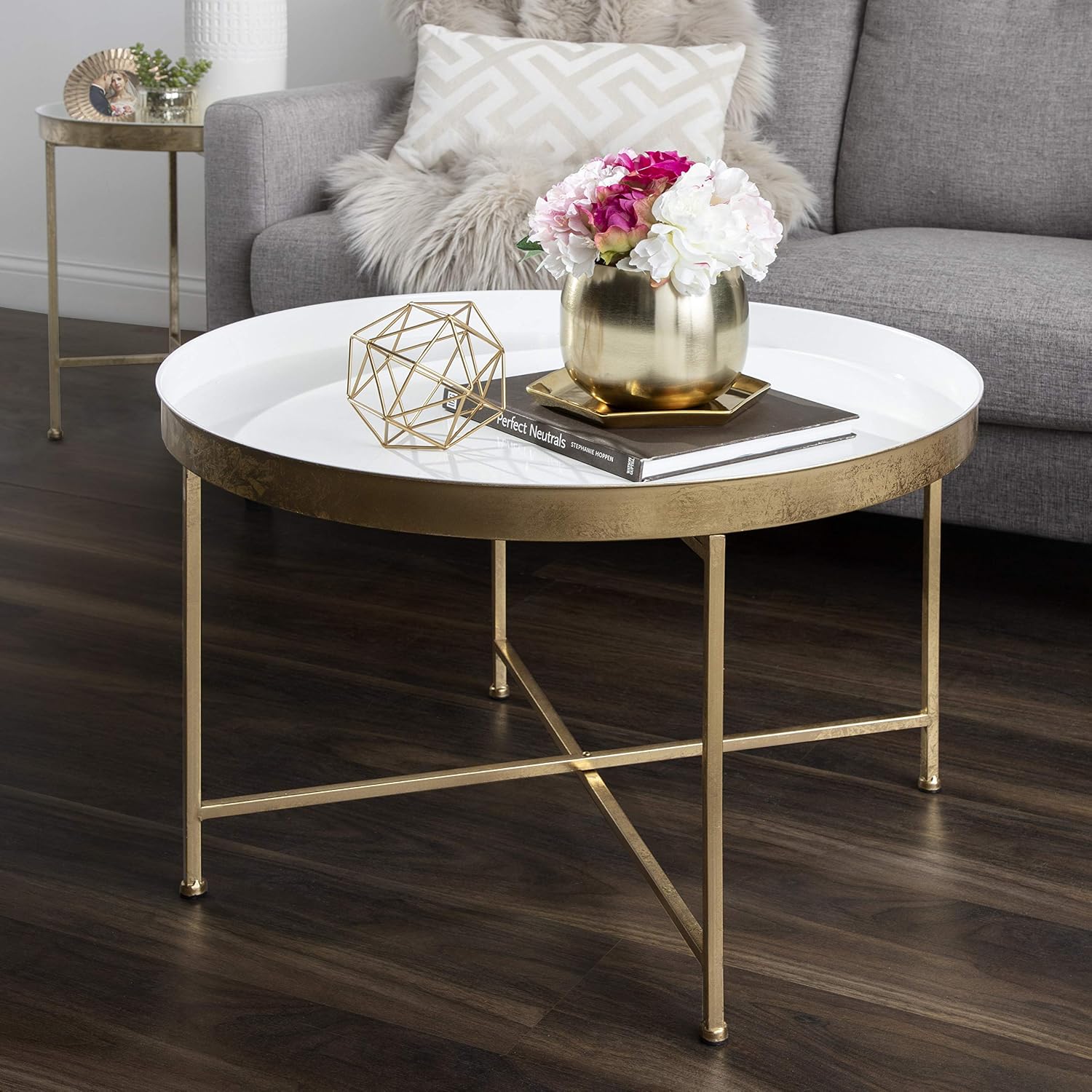 Kate and Laurel Celia Modern Glam Round Metal Coffee Table, 28.25' x 28.25' x 19', White and Gold Leaf, Chic Sophisticated Accent Table