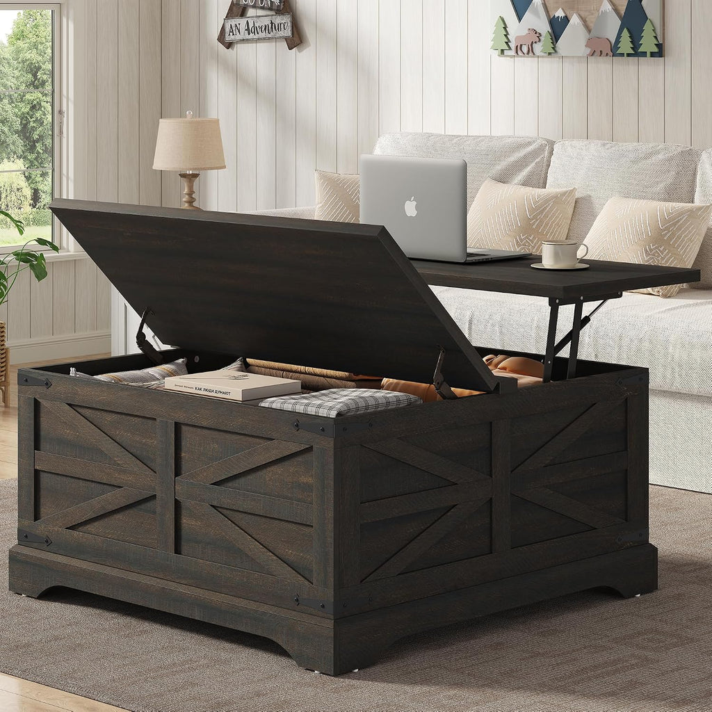 Furnideco 35.5''W Square Coffee Table Farmhouse Lift top Coffee Table with Large Hidden Storage, Wood Center Table for Living Room, Home Office, Dark Brown