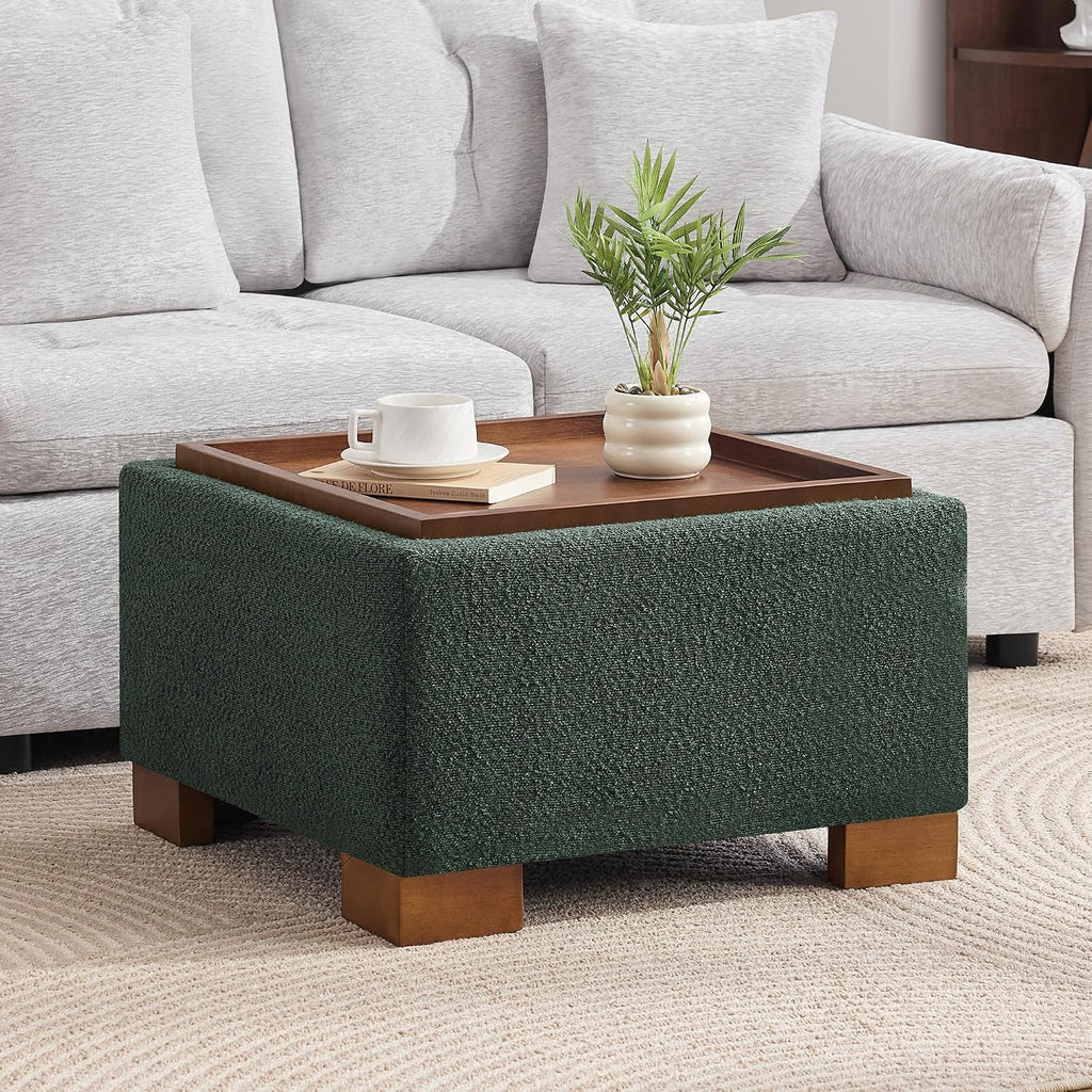 WUTUTUEE 24' Square Ottoman Coffee Table with Storage, Boucle Ottomans with Tray and Solid Wood Legs for Living Room, Bedroom and Apartments, Small Modern Ottoman Tea Table with Lift-Off Lid, Green