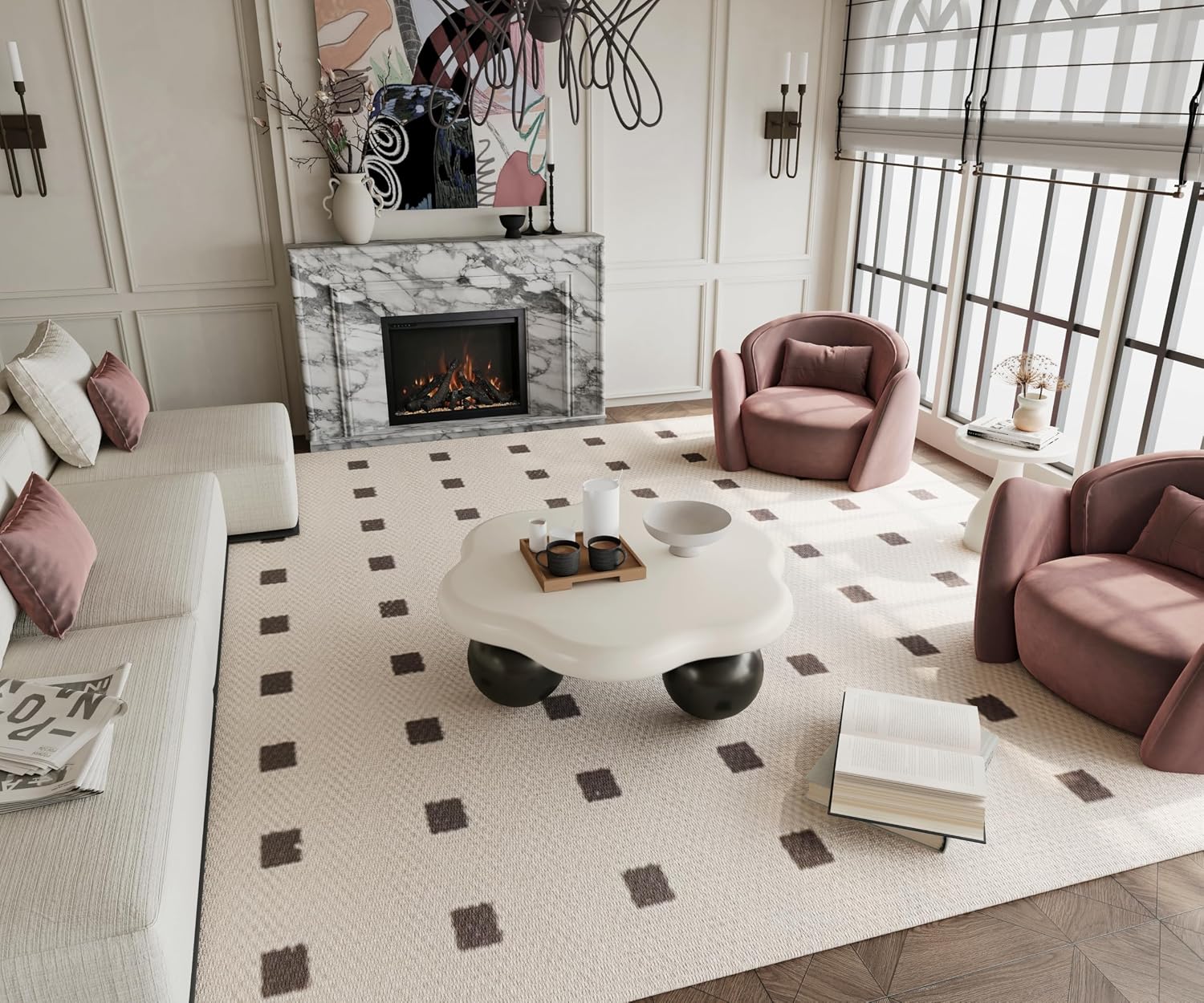 35.03' Cloud Coffee Table for Living Room Unique Coffee Table Modern Low Coffee Tables Cute Center Table with 3 Ball Legs for Small Space Apartment Cream Flower-White & Black