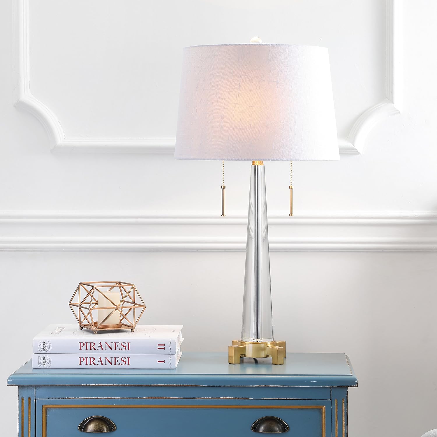 JONATHAN Y 29.5' Clear/Brass Gold 2-Light Crystal LED Table Lamp, Contemporary Glam Bedside Lamp for Living Room, White Linen Drum Shade, Pull Chain, LED Bulbs Included JYL2018A