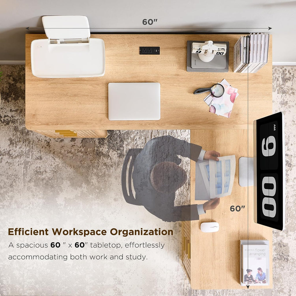 T4TREAM 60'' Fluted Executive L Shaped Desk, Modern Home Office Desk with Charging Station and File Drawer, Computer Corner Desks with Drawers & Storage Cabinet for Office Home, Bedroom, Natural Oak