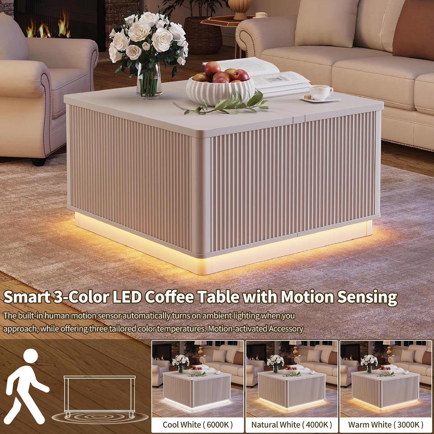 Modern Lift Top Coffee Table with Storage, Square Coffee Tables with LED Lighting and Power Outlet, Wooden Square Center Table for Living Room, Home Office, White