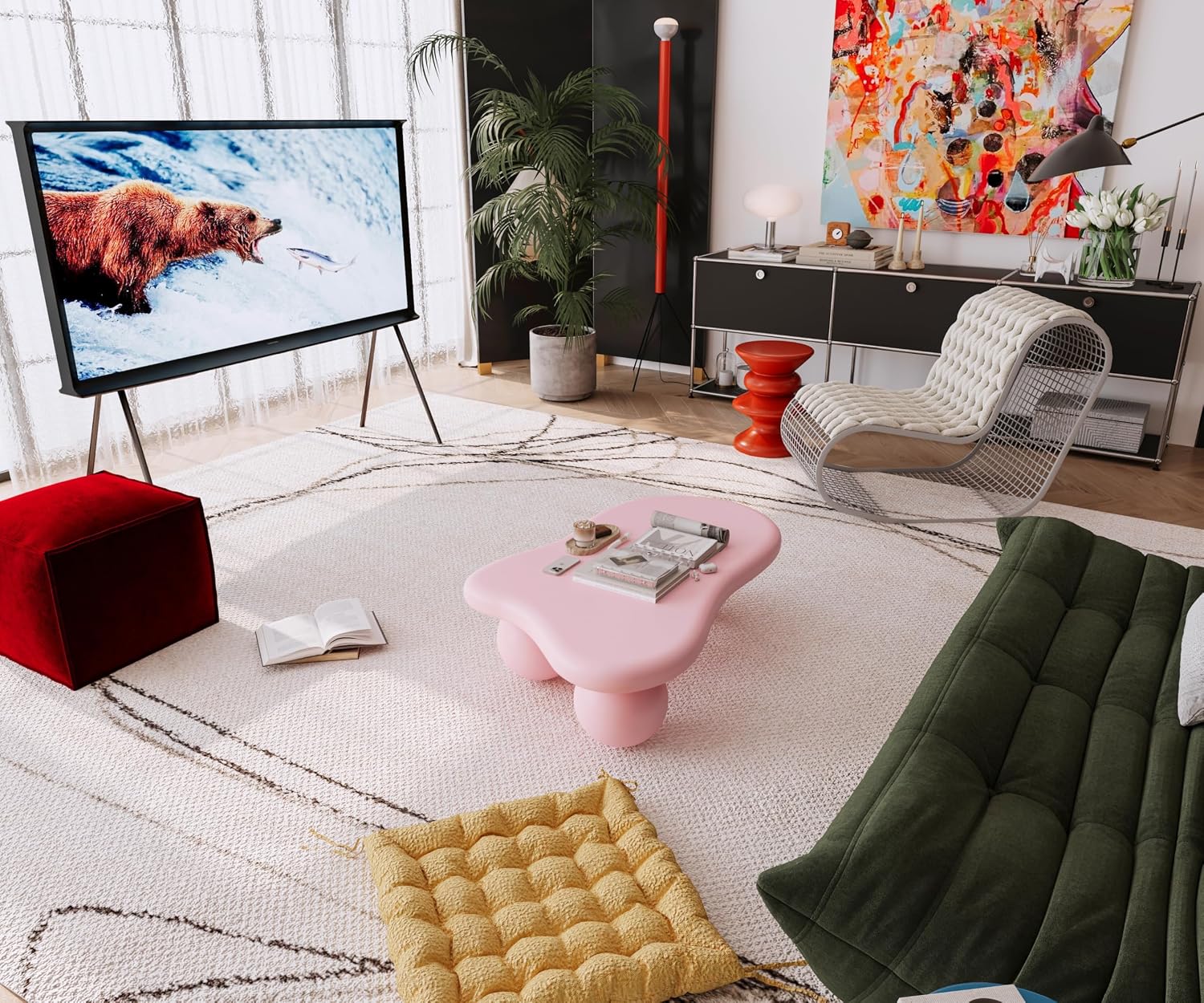 40' Cloud Coffee Table for Living Room Irregular Coffee Table Modern Low Coffee Tables Cute Center Table with 3 Ball Legs for Small Space Apartment Cream Pink
