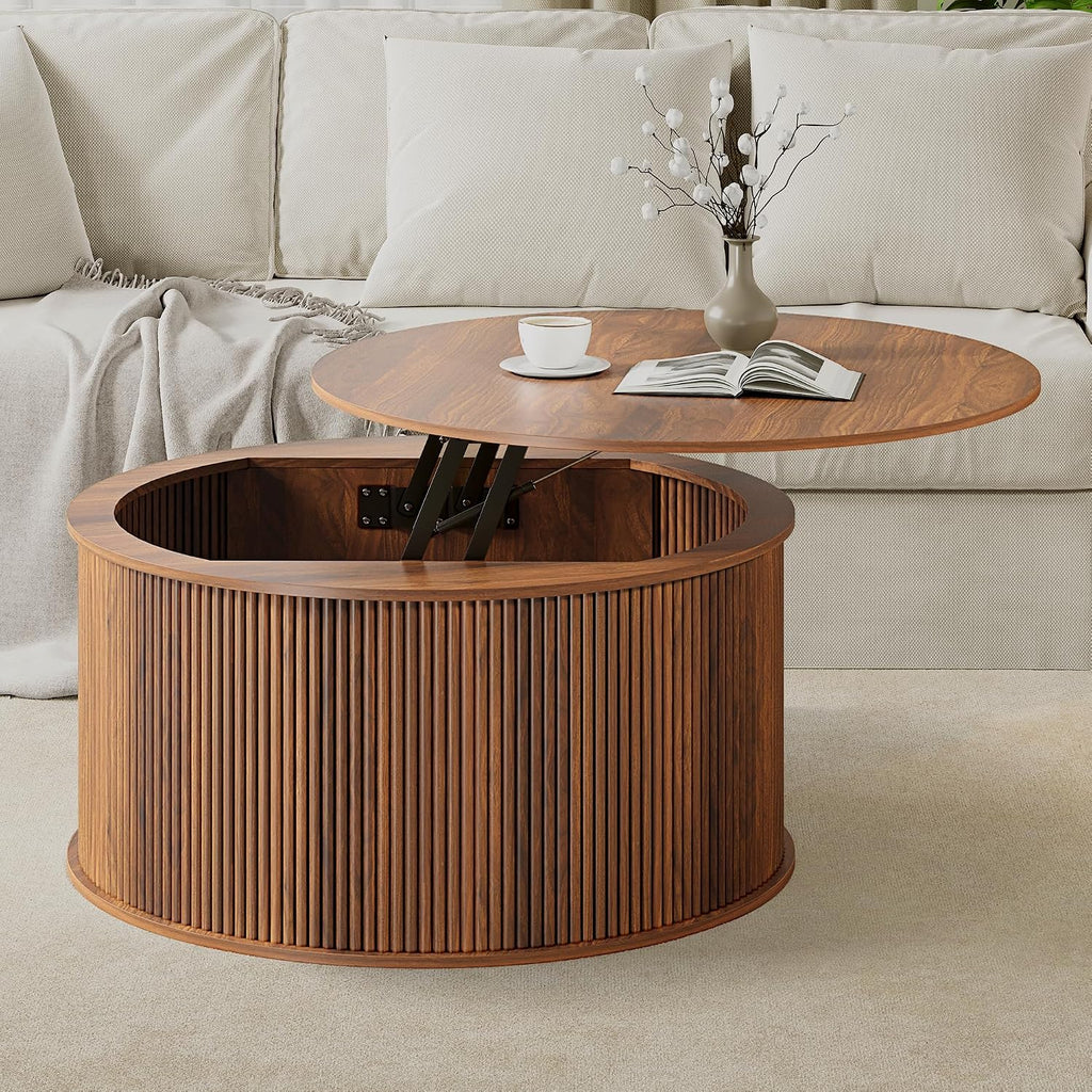Lift Top Coffee Table, Fluted Round Coffee Table with Storage, Farmhouse Center Dining Table Circle Table for Living Room, Apartment, Home Office (Walnut)