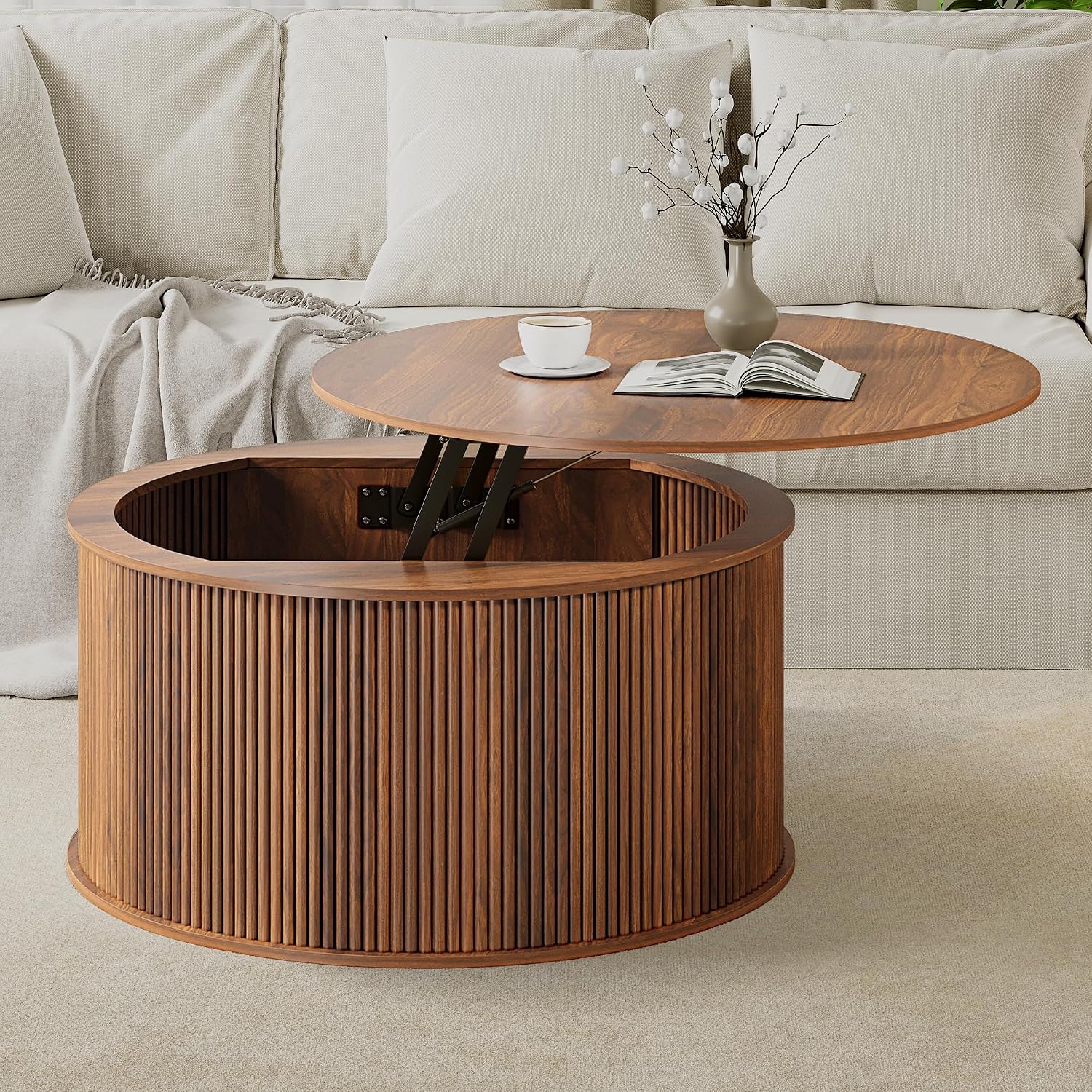 Lift Top Coffee Table, Fluted Round Coffee Table with Storage, Farmhouse Center Dining Table Circle Table for Living Room, Apartment, Home Office (Walnut)