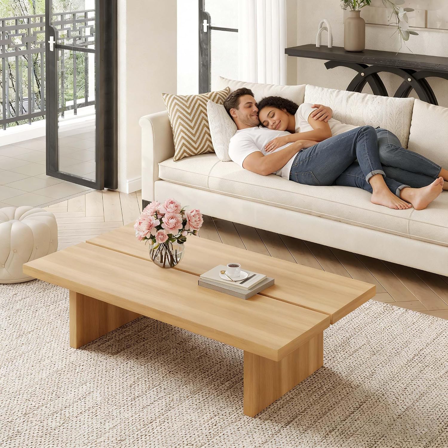 47' Rectangle Wood Coffee Table for Living Room - Minimalist Modern Coffee Tables for Living Room, Japanese Tea Table, Low Profile Center Table for Home & Office (Natural Wood Color)