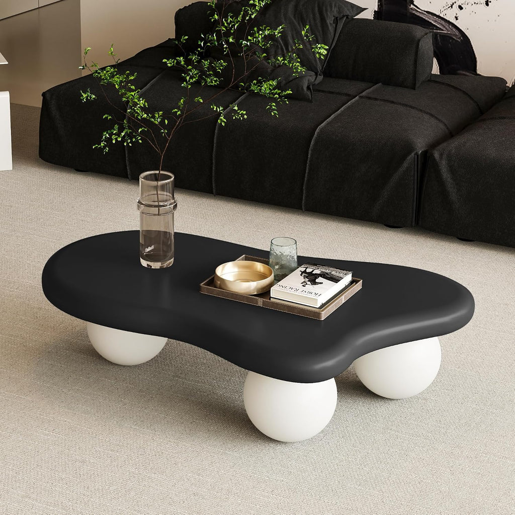 40' Cloud Coffee Table for Living Room Irregular Coffee Table Modern Low Coffee Tables Abstract Faux Stone Cute Center Table with 3 Ball Legs for Small Space Apartment (Black & White)