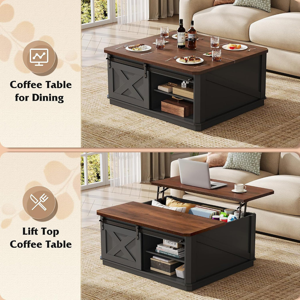 WLIVE Farmhouse Coffee Table with Storage, 35.5' Lift Top Coffee Table for Living Room, Square Center Table, Rustic Cocktail Table with Sliding Barn Doors, Curevd Base, Black
