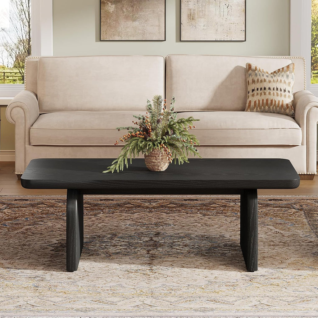 Tribesigns Farmhouse Coffee Table for Living Room, 47-Inch Mid-Century Rectangular Center Table with Rounded Corners, Modern Low Large Cocktail Tea Furniture, Easy Assembly (Black)