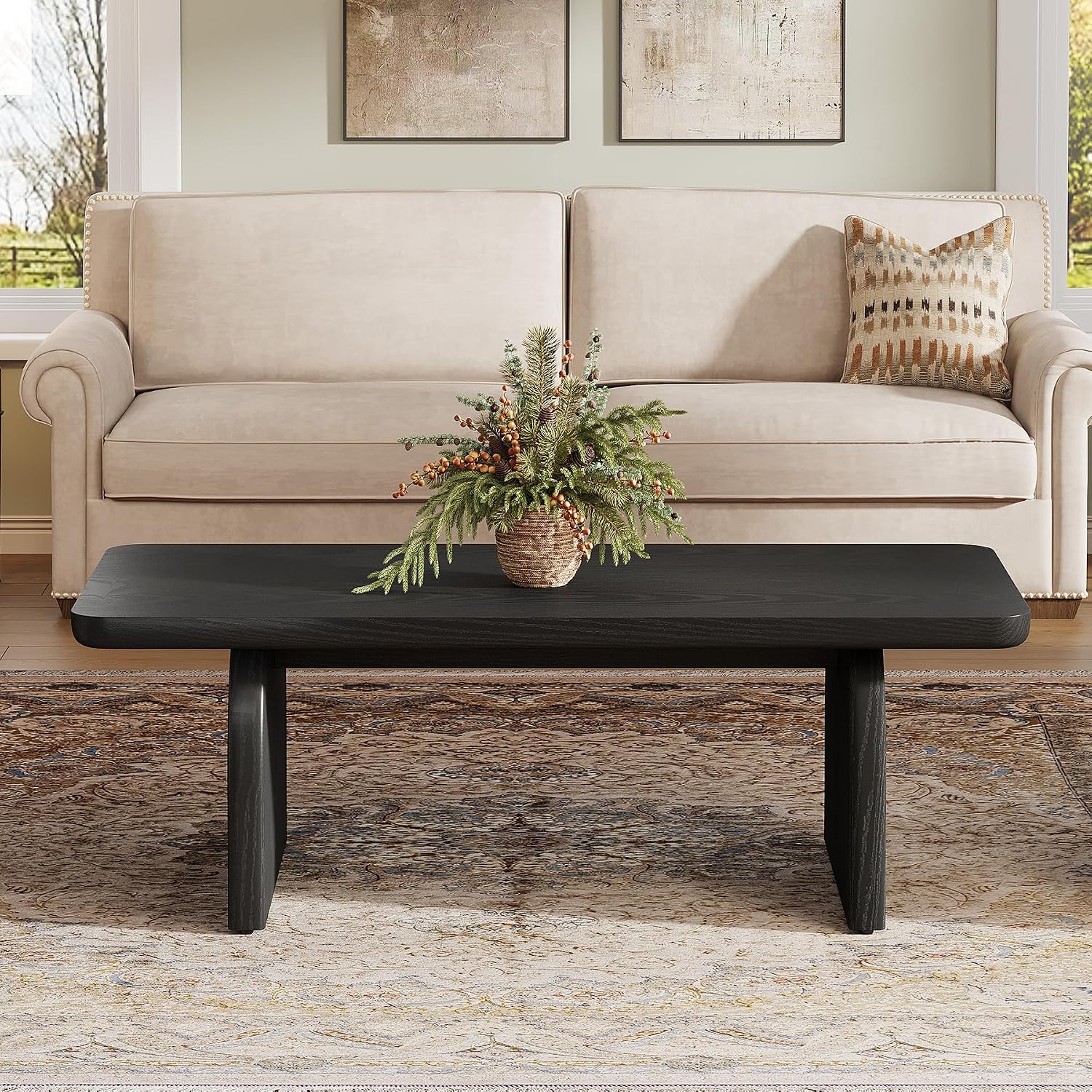 Tribesigns Farmhouse Coffee Table for Living Room, 47-Inch Mid-Century Rectangular Center Table with Rounded Corners, Modern Low Large Cocktail Tea Furniture, Easy Assembly (Black)
