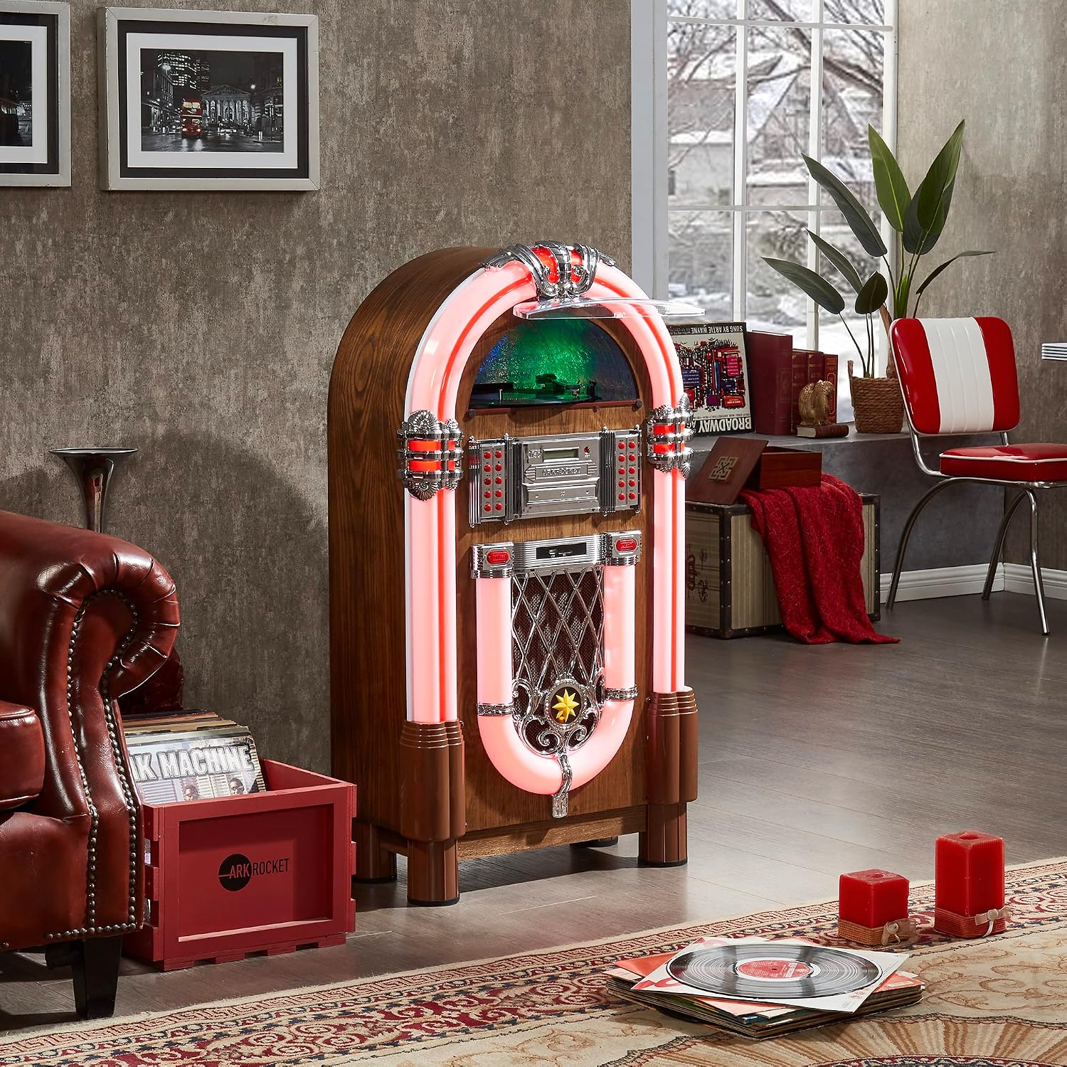 Arkrocket Full Size Jukebox Vinyl Record Player Bluetooth USB SD CD Player Radio Retro Turntable Classic Jukebox (Taurus II - Oak)