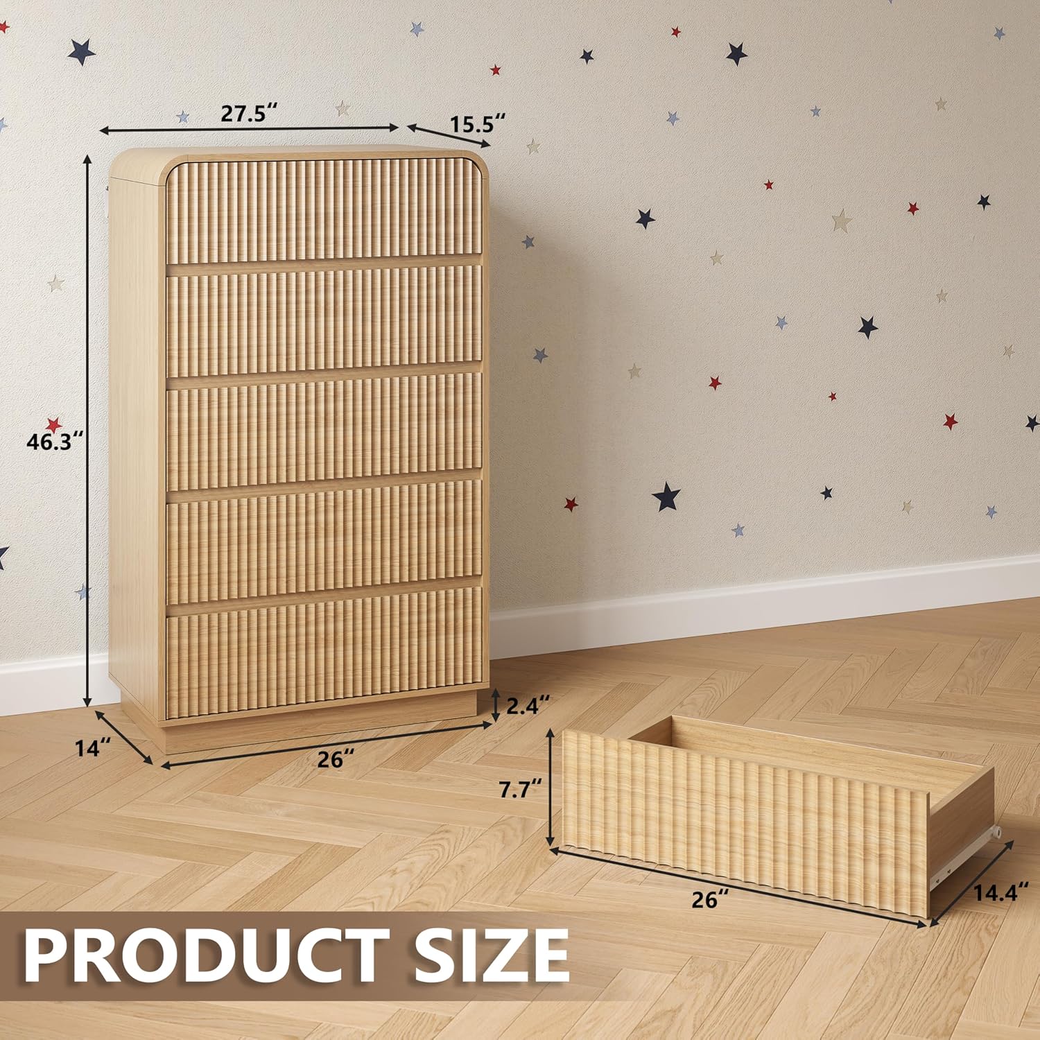BORNOON Tall Dresser for Bedroom with 5 Drawers, Fluted Chest of Drawers with Round Curved Corner, Hidden Handles, Modern Wood Storage Organizer for Bedroom, Nursery, Living Room
