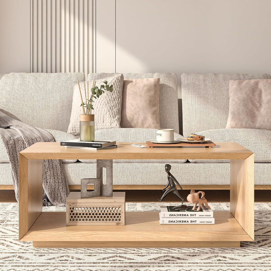 Coffee Table with Storage, Mid Century Modern, Rectangle Cocktail Tea Table, Farmhouse Wood Coffee Table for Living Room, Home Office (Natural Oak)