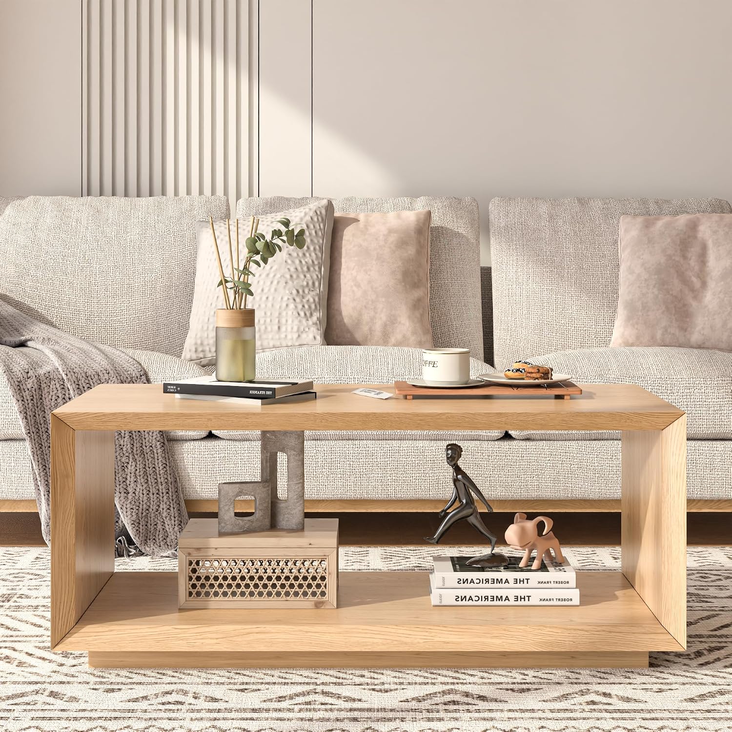 Coffee Table with Storage, Mid Century Modern, Rectangle Cocktail Tea Table, Farmhouse Wood Coffee Table for Living Room, Home Office (Natural Oak)