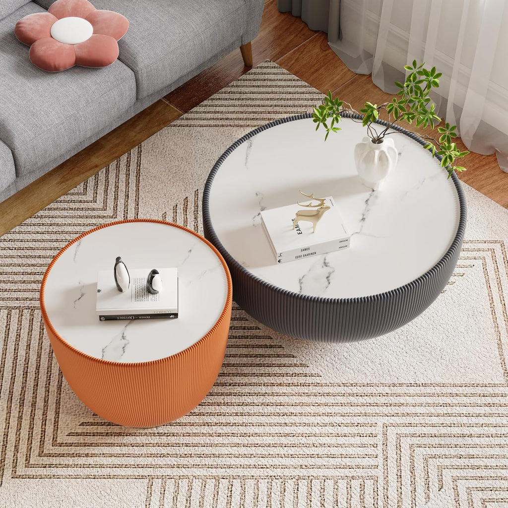 Round Coffee Table Set with Sintered Stone Tabletop, 27.56' Grey Drum Center Table and 19.69' Orange Coffee Table Set, 2 Pieces Living Room Table Set with Fluted PU Leather Cover& Metal Base