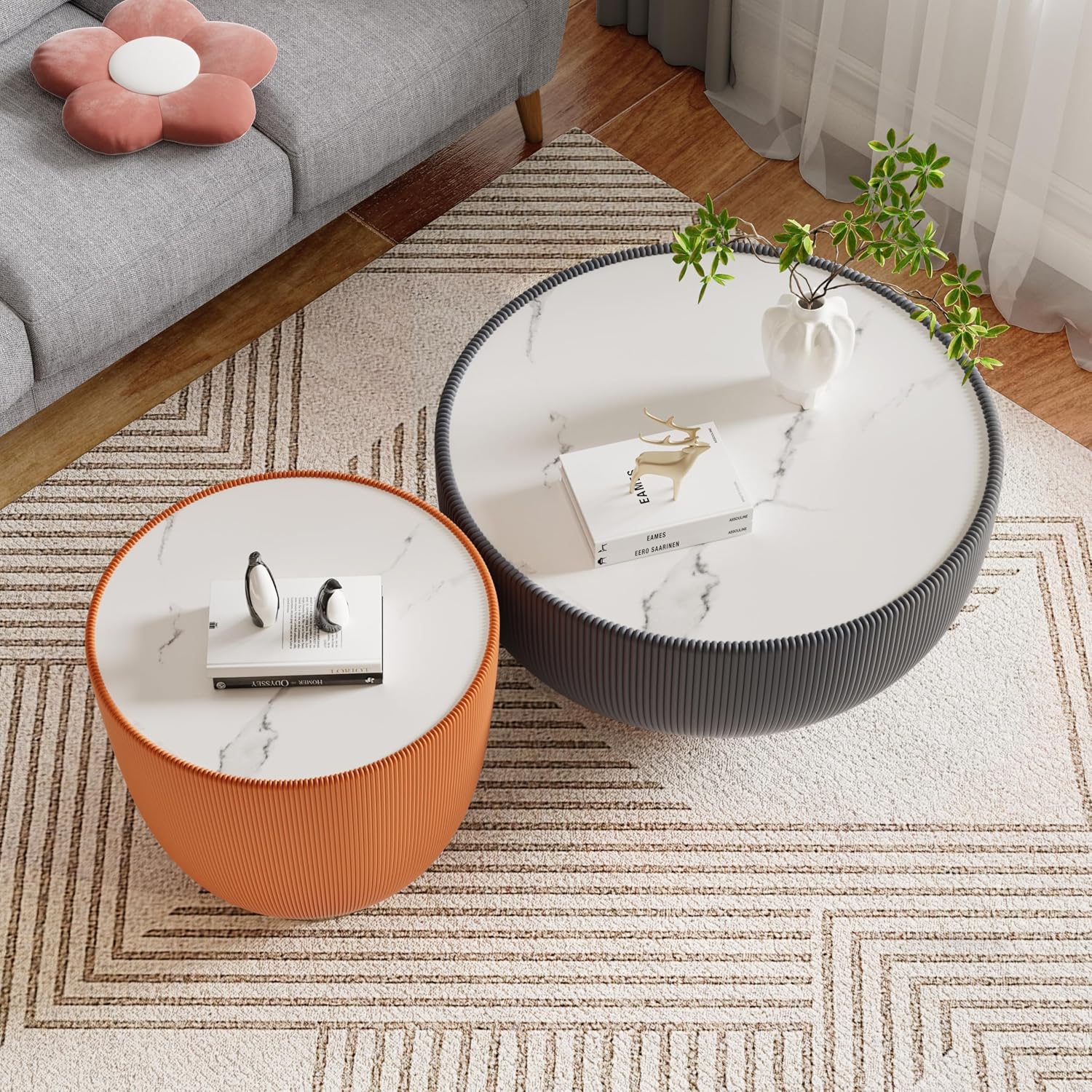 Round Coffee Table Set with Sintered Stone Tabletop, 27.56' Grey Drum Center Table and 19.69' Orange Coffee Table Set, 2 Pieces Living Room Table Set with Fluted PU Leather Cover& Metal Base