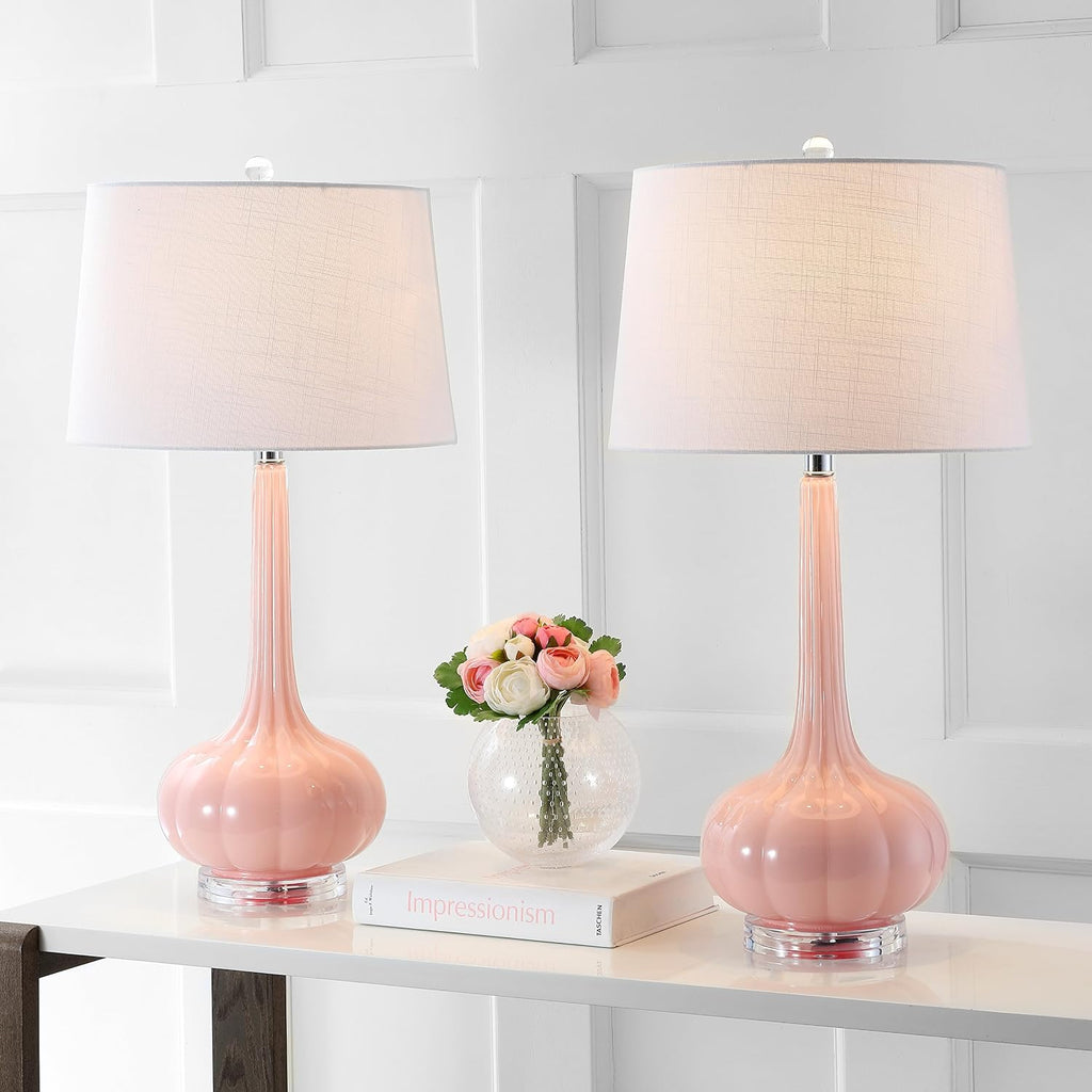 JONATHAN Y 28.5' Pink Glass Teardrop LED Table Lamp Set of 2 for Living Room Bedroom Nightstand, White Linen Shade Modern Transitional Bedside Desk Lamp JYL1079A-SET2