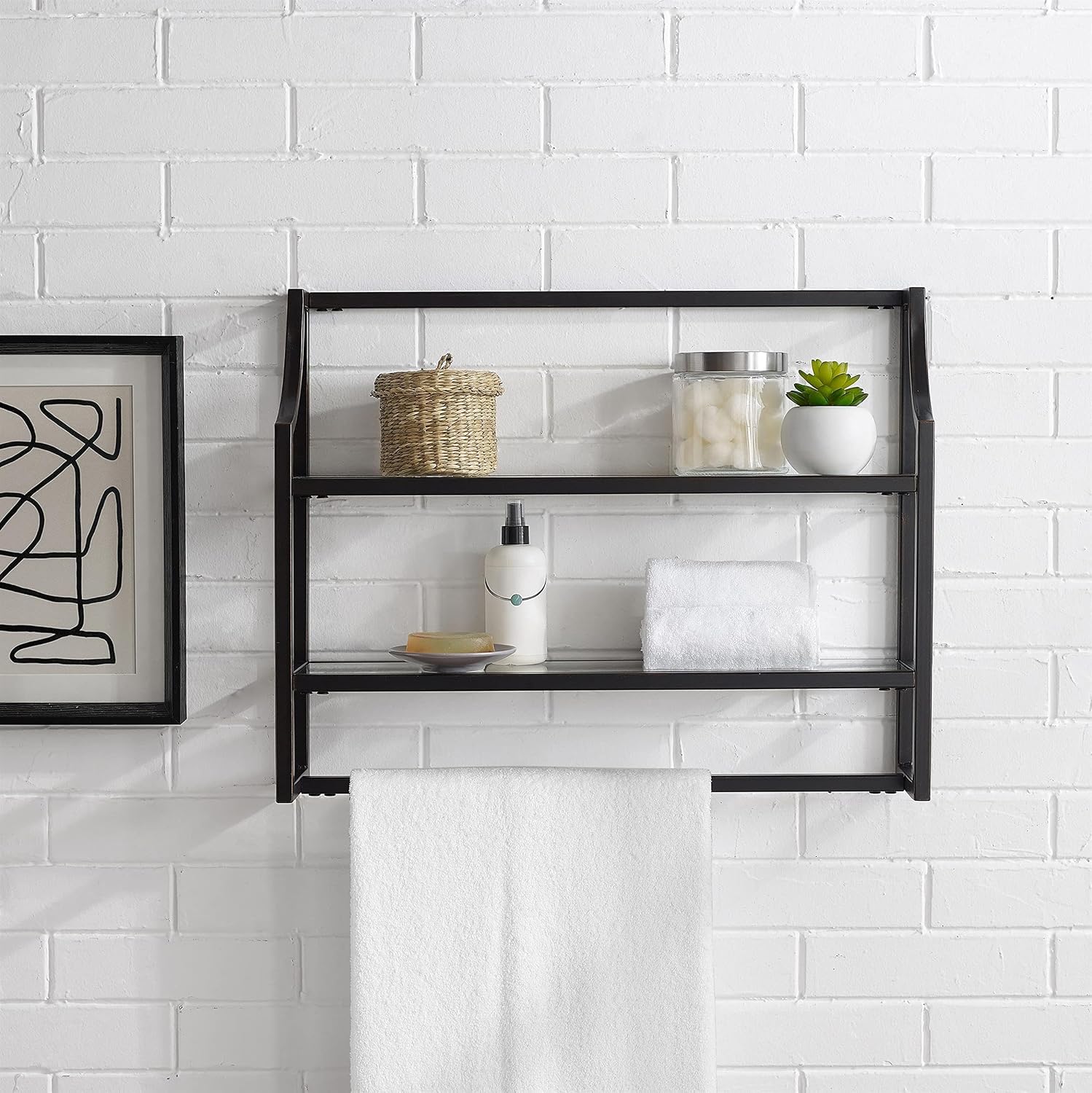 Afuera Living 2-Shelf Modern Metal Wall Shelf, Oil Rubbed Bronze Finish, Steel Frame with Tempered Glass Shelves, 19' H x 24' W x 6' D, Includes Towel Bar, Art Deco Bathroom Storage Display