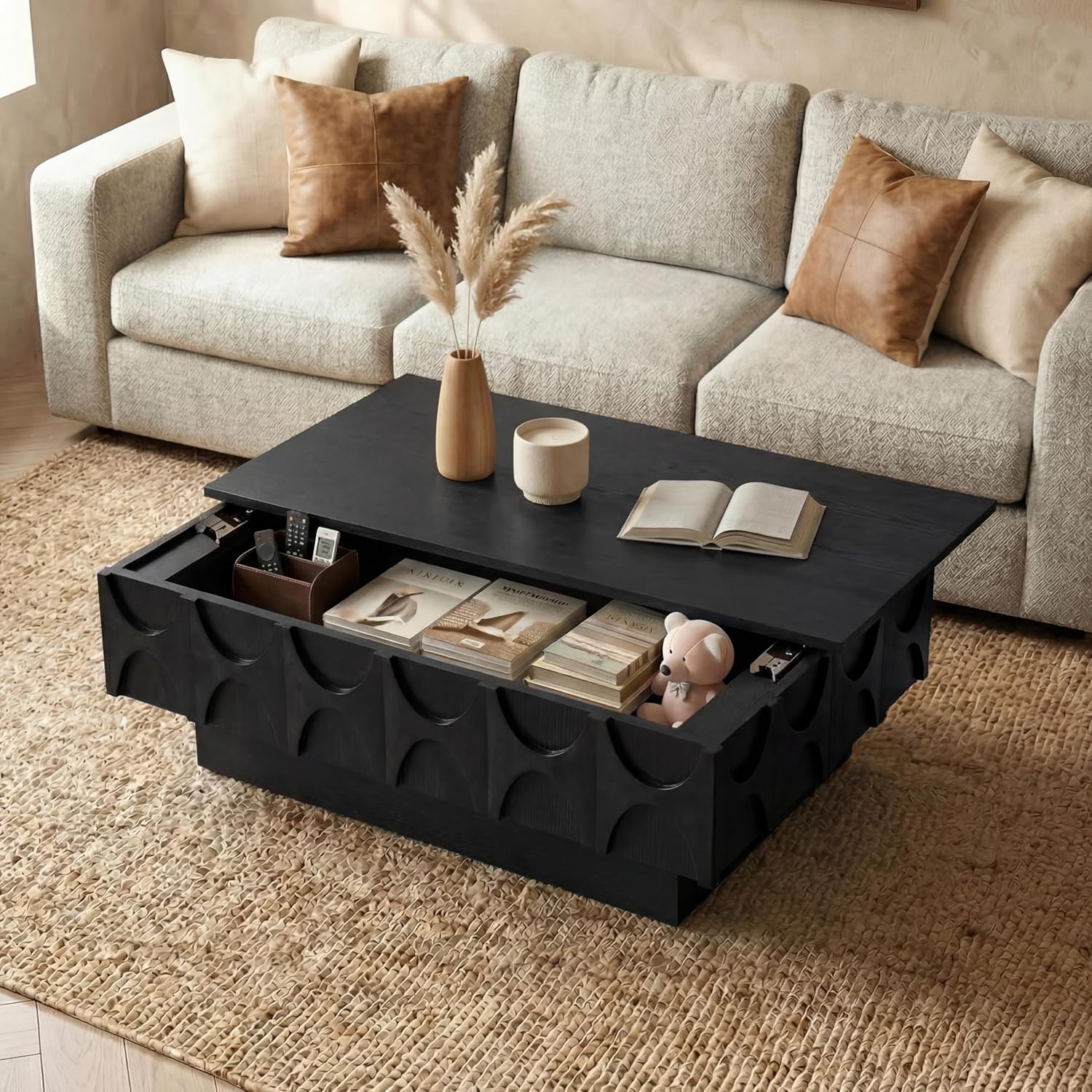 Solid Wood Veneer Coffee Table with Storage & Sliding Top, 38.6' Modern Mid Century Rectangle Center Table for Living Room, Home Office, Black