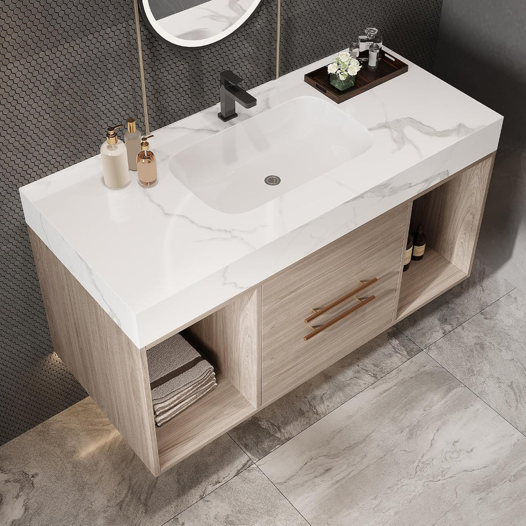 39.4' Bathroom Vanity with Oval Ceramic Sink, Floating Vanity Bathroom Sink Cabinet Wall Mount, Soft-Close Function 2 Large Hidden Drawers & Shelf