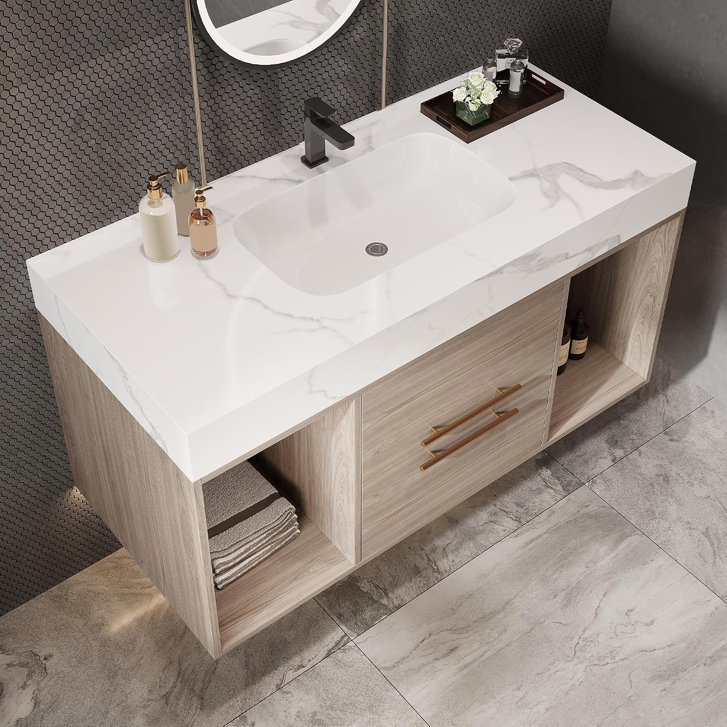 39.4' Bathroom Vanity with Oval Ceramic Sink, Floating Vanity Bathroom Sink Cabinet Wall Mount, Soft-Close Function 2 Large Hidden Drawers & Shelf